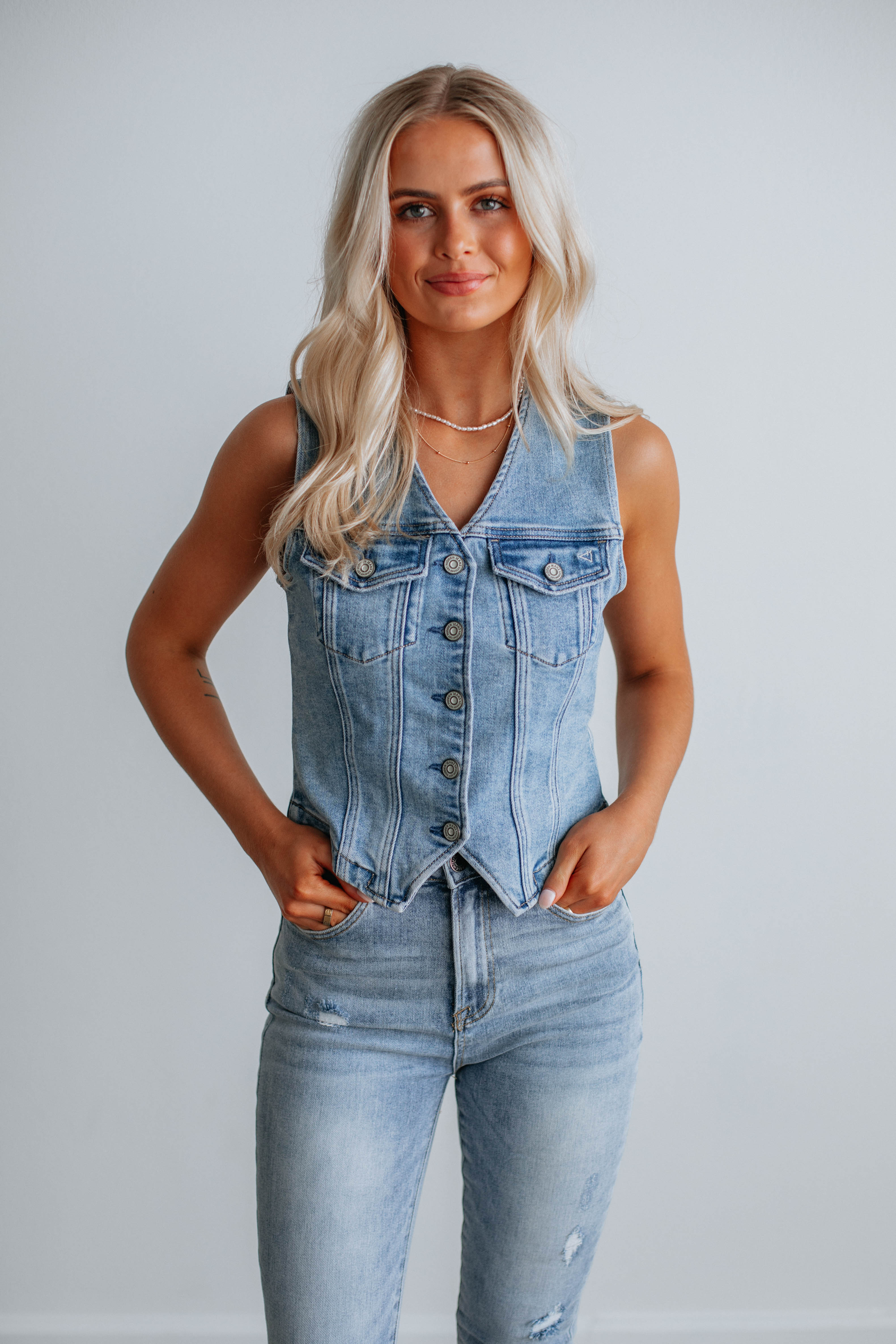 Greer Hidden Denim Vest for Women - Stylish Distressed Denim Jacket with Hidden Pockets | Perfect for Casual Outfits, Layering, and Outdoor Adventures