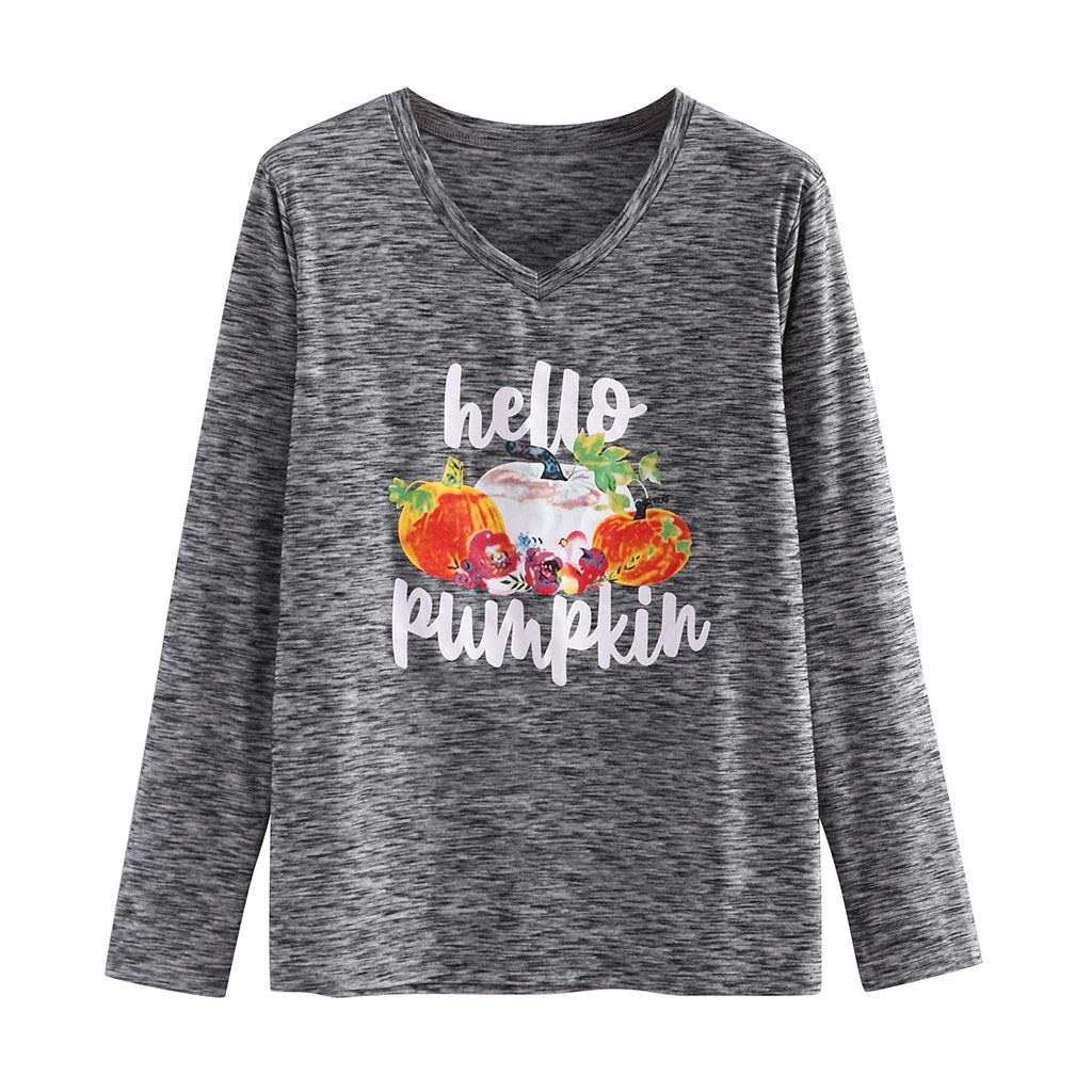 Women's Halloween Graphic Tee - Long Sleeve Hello Pumpkin Print Loose V-Neck T-Shirt | Cute Fall Blouse for Pumpkin Patch, Halloween Parties & Cozy Autumn Outfits