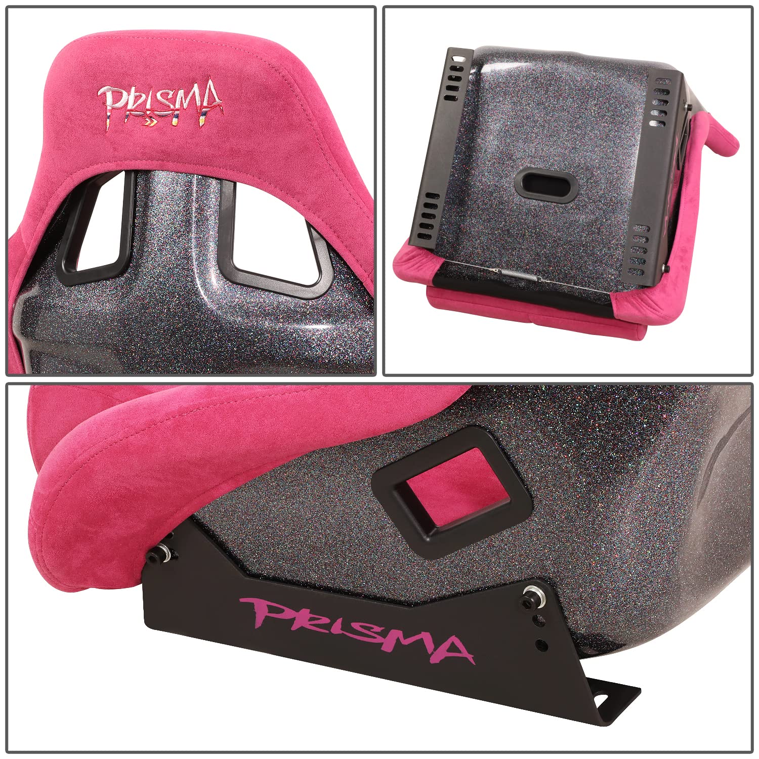 NRG Innovations FRP-302FH-PRISMA Fixed Back Bucket Racing Seat with Bottom Mount Bracket - Fuchsia/Sparkle Paint - Lightweight & Durable for Track, Drift, and Street Racing