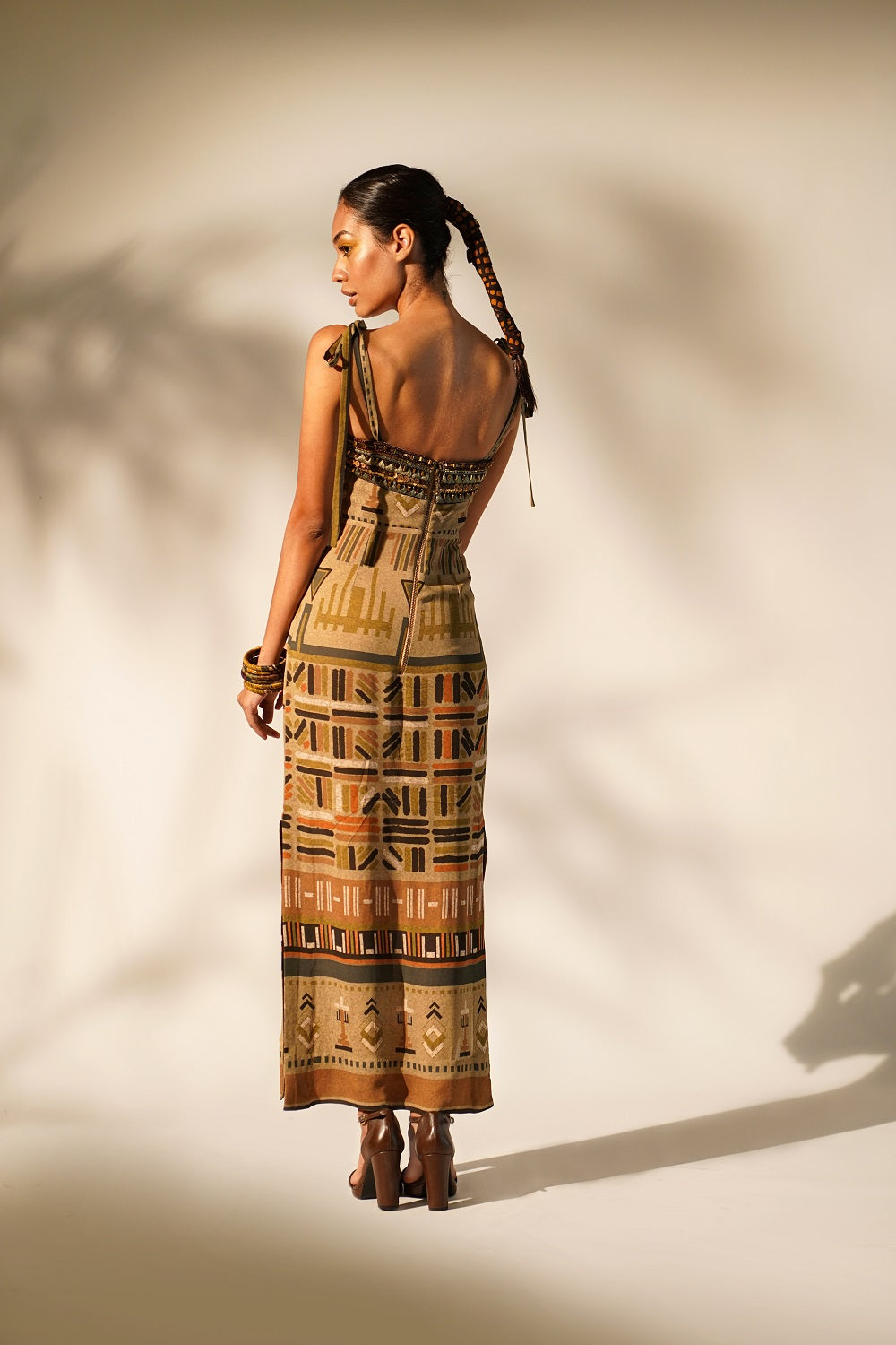 Stylish Green Aztec Print Tube Dress with Hand-Threaded Details & Wooden Embellishments | Perfect for Boho Festivals, Beach Vacations & Summer Parties