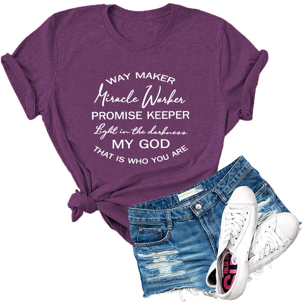 Women's Christian Print T-Shirt - Way Maker Miracle Worker Promise Keeper Light in Darkness | Inspirational Faith Apparel for Church, Bible Study & Daily Wear
