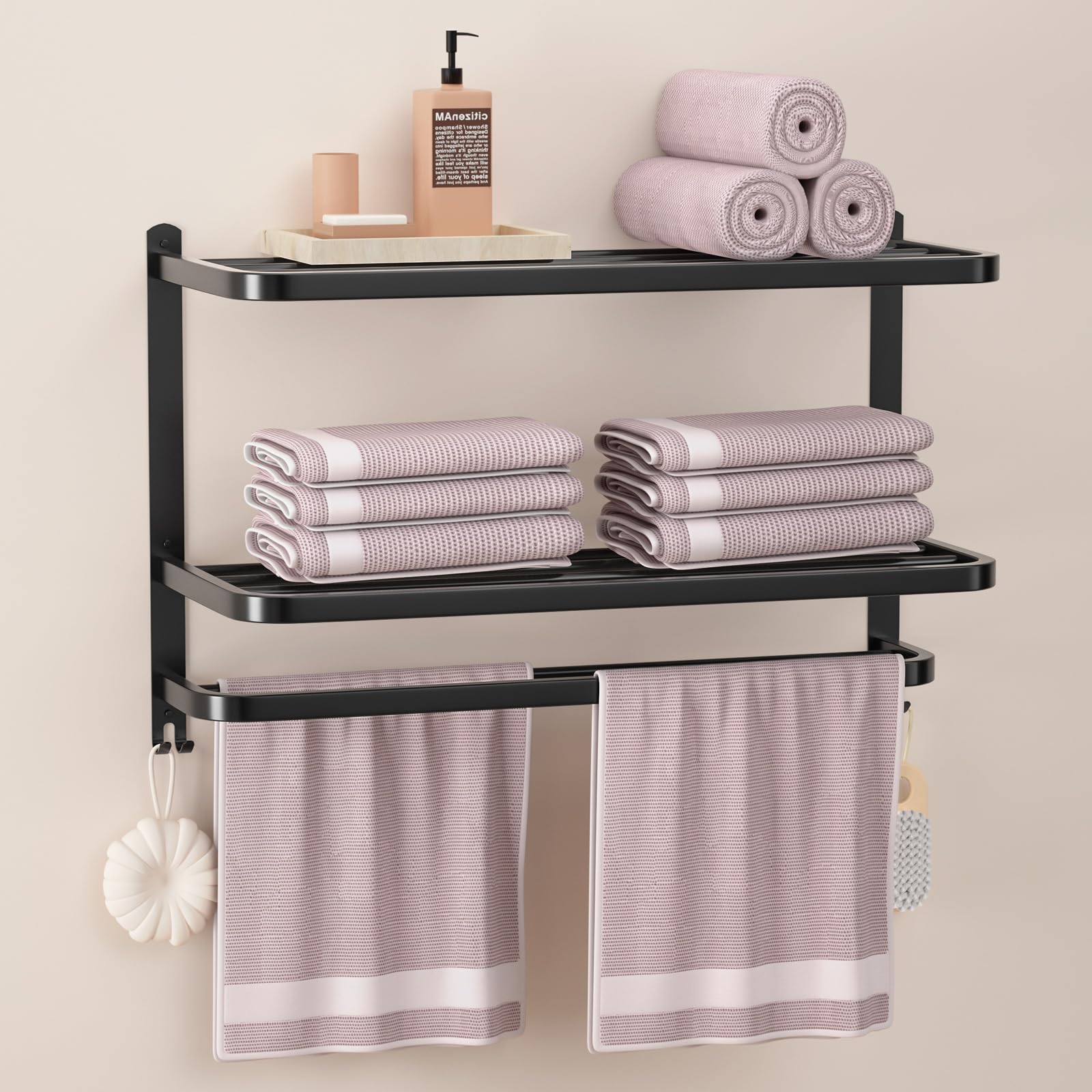 DDS-DUDES 3-Tier Black Stainless Steel Wall-Mounted Bathroom Towel Rack with Shelves - 23 Inch Multilayer Towel Holder for Hotel & Home Use - Matte Finish for Modern Bathroom & Spa Decor