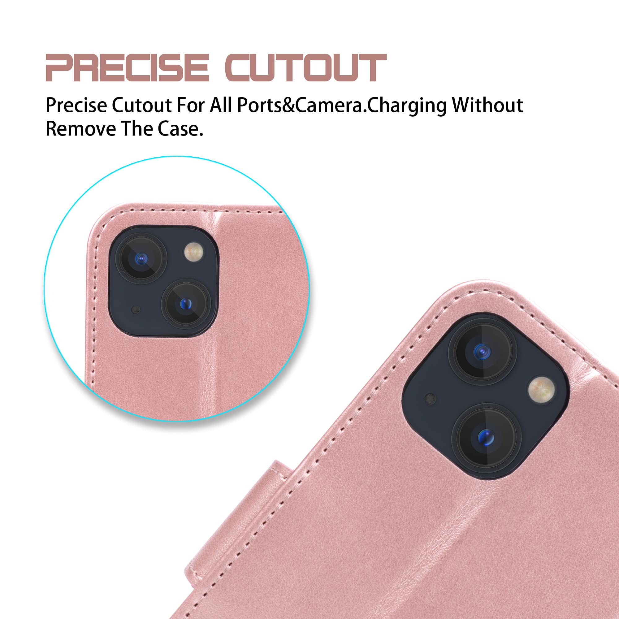 Arae iPhone 13 Wallet Case with Card Holder & Wrist Strap - Rose Gold Flip Cover for 6.1