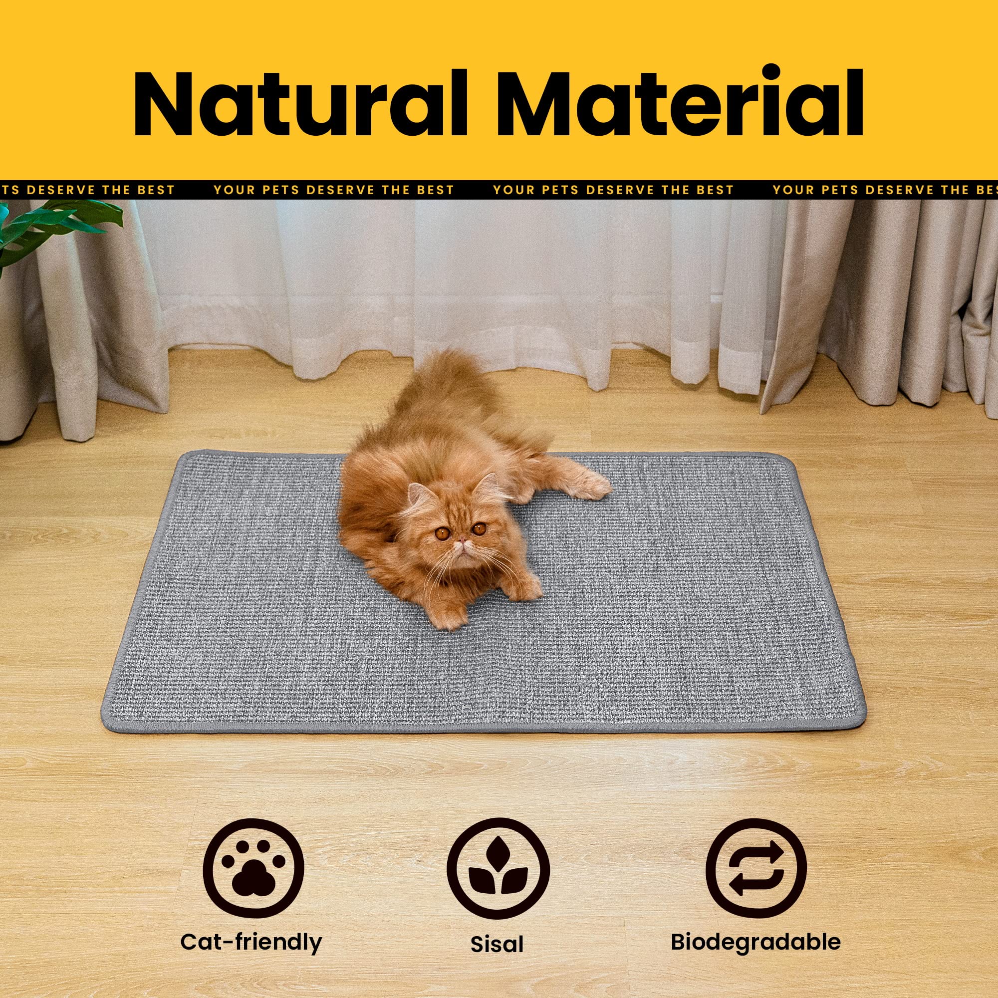 Natural Sisal Cat Scratcher Mat - Horizontal Floor Scratching Pad for Indoor Cats, Durable Claw Grinding & Nail Trimming - Protects Furniture, Couches, Sofas & Carpets - Perfect for Playtime & Stress Relief