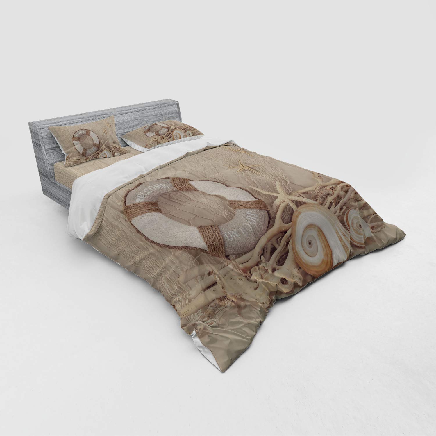 Ambesonne Coastal Duvet Cover Set 4-Piece Queen Size - Nautical Wooden Sepia Fishnet Maritime Theme Printed Bedding with Shams & Fitted Sheet in Tan Beige White | Perfect for Beach House Decor, Ocean-Themed Bedroom & Vacation Home Styling