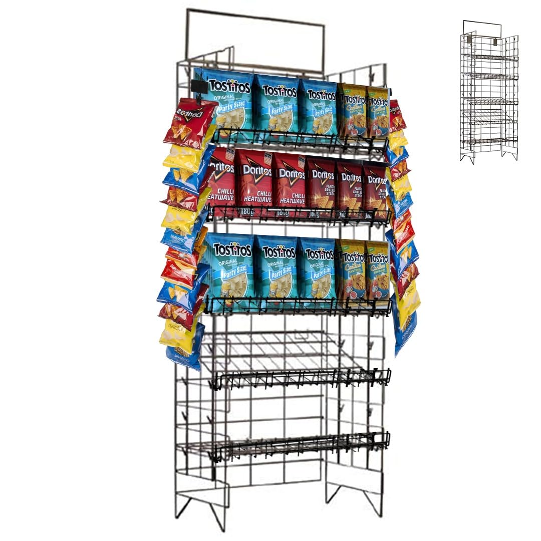 STEELAID Commercial Grade Metal Chip Display Rack - 5 Adjustable Wire Shelves with 48 Clips for Candy & Snacks - 18x14x60 Inches - Perfect for Concession Stands, Grocery Stores & Movie Theaters