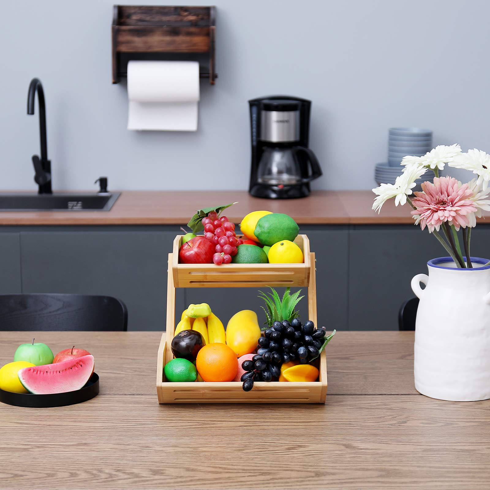 WELLAND 2-Tier Bamboo Countertop Fruit Basket Bowl - Kitchen & Dining Table Organizer for Bread, Vegetables & Snacks | Perfect for Pantry Storage, Counter Display & Healthy Snacking