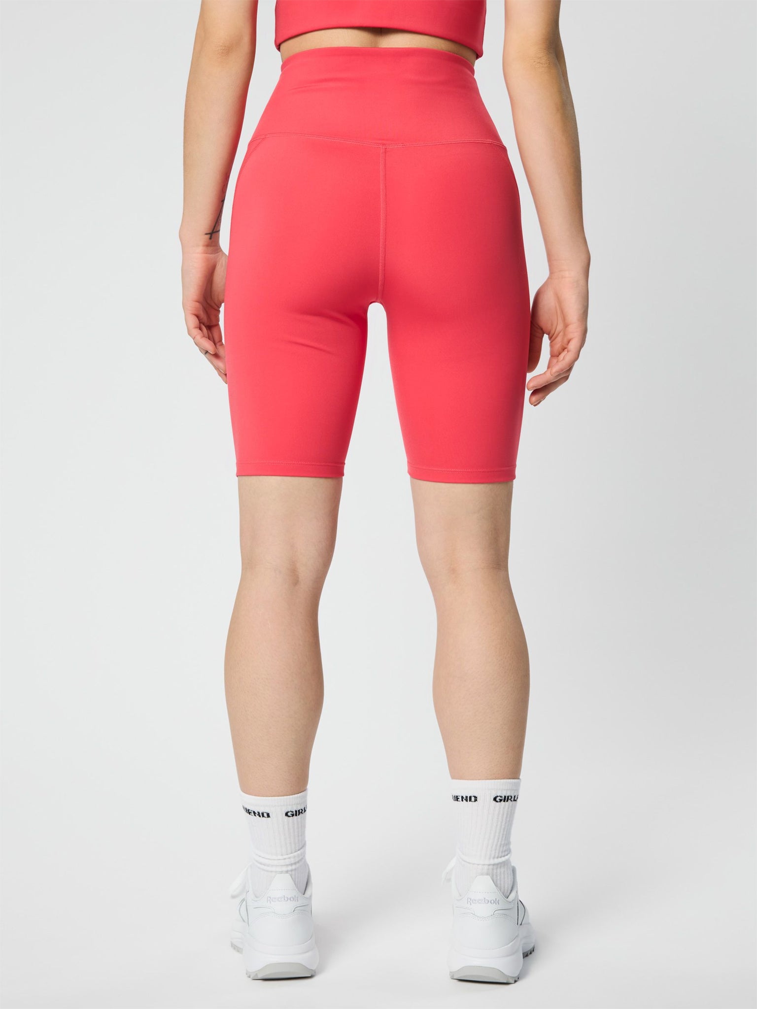 Girlfriend Collective High Rise Compressive Bike Shorts for Women - Geranium - Perfect for Cycling, Workouts & Active Lifestyle