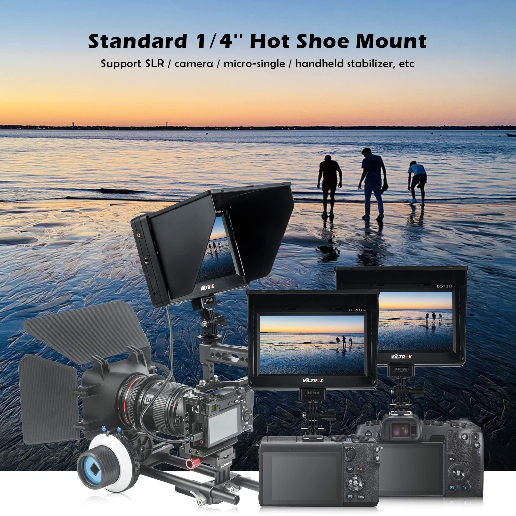 VILTROX DC-70 II 7 Inch 4K HDMI Camera Field Monitor with Peaking Focus Assist - Compatible with Canon Nikon Sony DSLR Cameras - Includes Sunshade Hood & Battery for Outdoor Photography and Videography