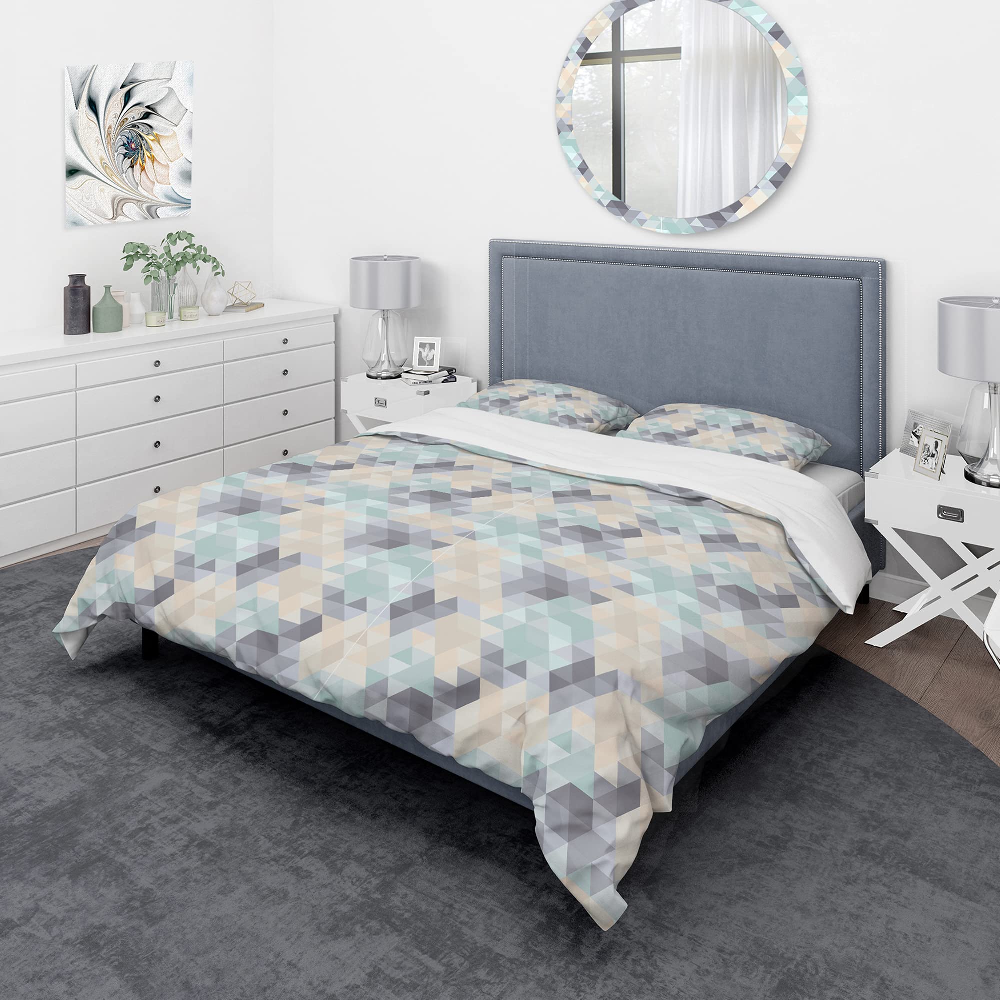 Modern Blue & Beige Geometric Duvet Cover King - 3pc All-Season Bedding Set for Contemporary Bedrooms