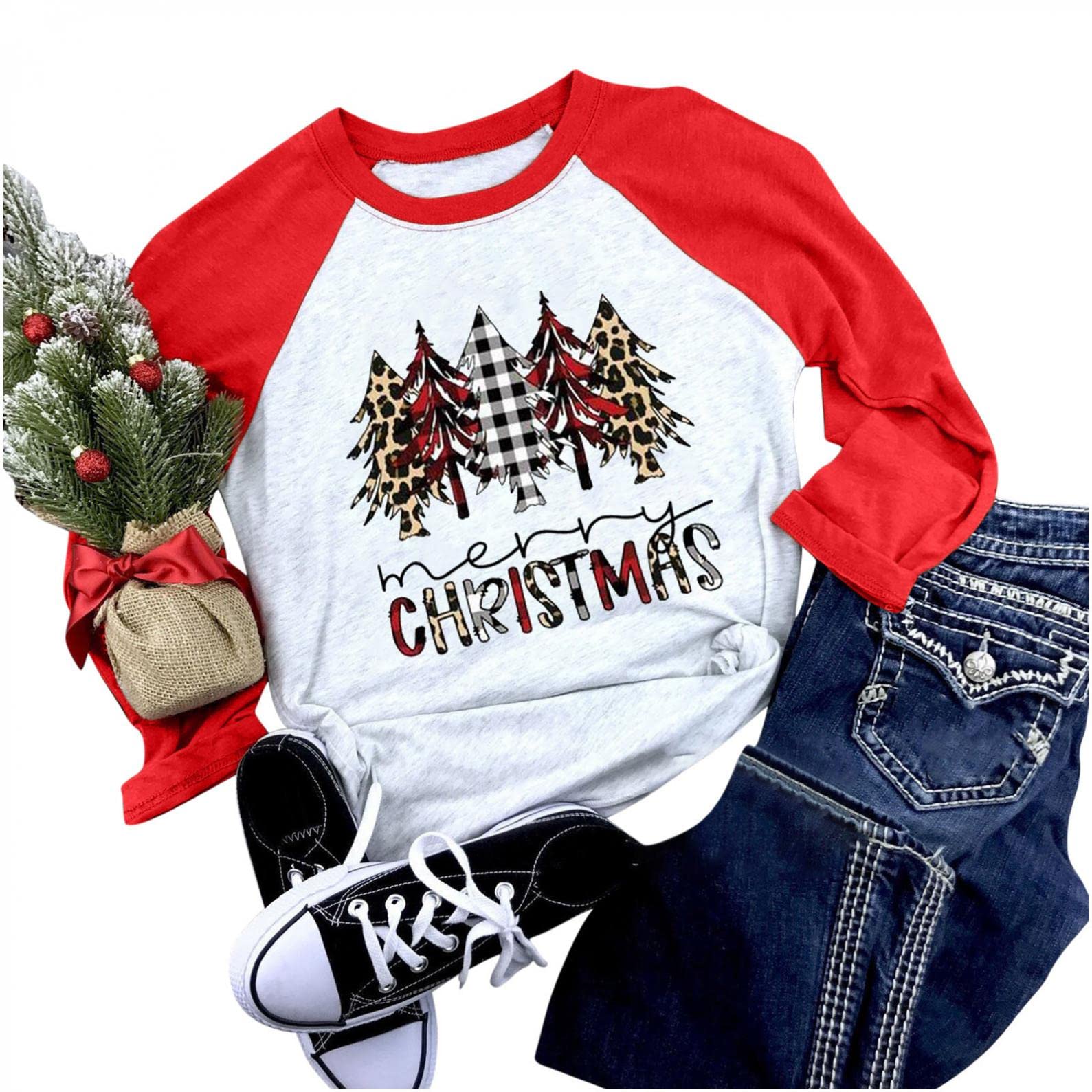 Women's Christmas Printed T-Shirts - Cute Long Sleeve Pullover Sweatshirt, Loose Crewneck Casual Top for Holiday Parties & Family Gatherings
