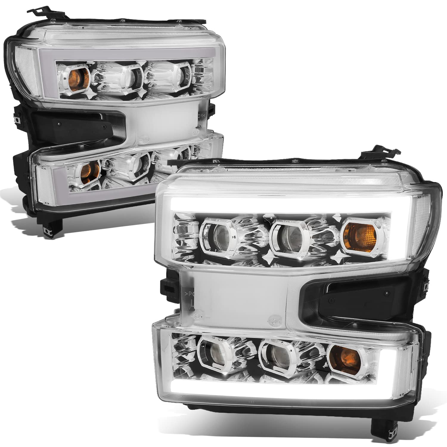 DNA MOTORING LED Light Bar Headlights for 19-22 Silverado 1500 - Chrome/Clear - Off-Road Lighting Upgrade