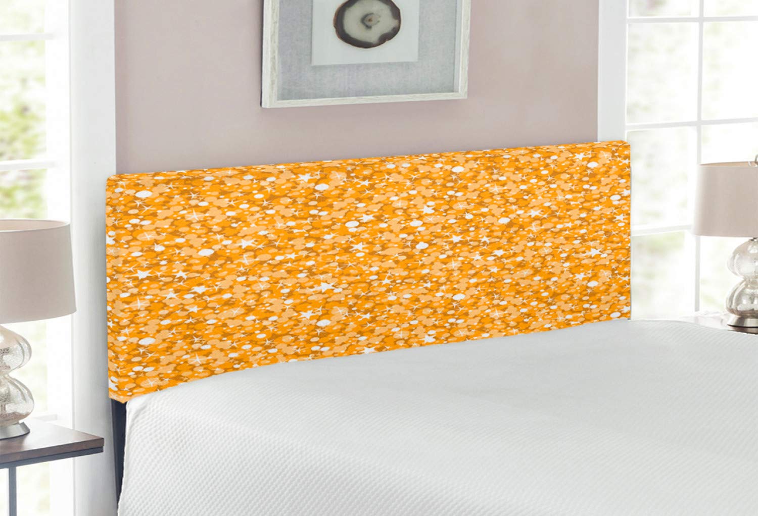 Ambesonne Yellow Upholstered Headboard - Golden Yellow Retro Polka Dot & Star Print Decorative Metal Bed Headboard with Memory Foam, Full Size - Perfect for Christmas Decor & Cozy Bedroom Makeover