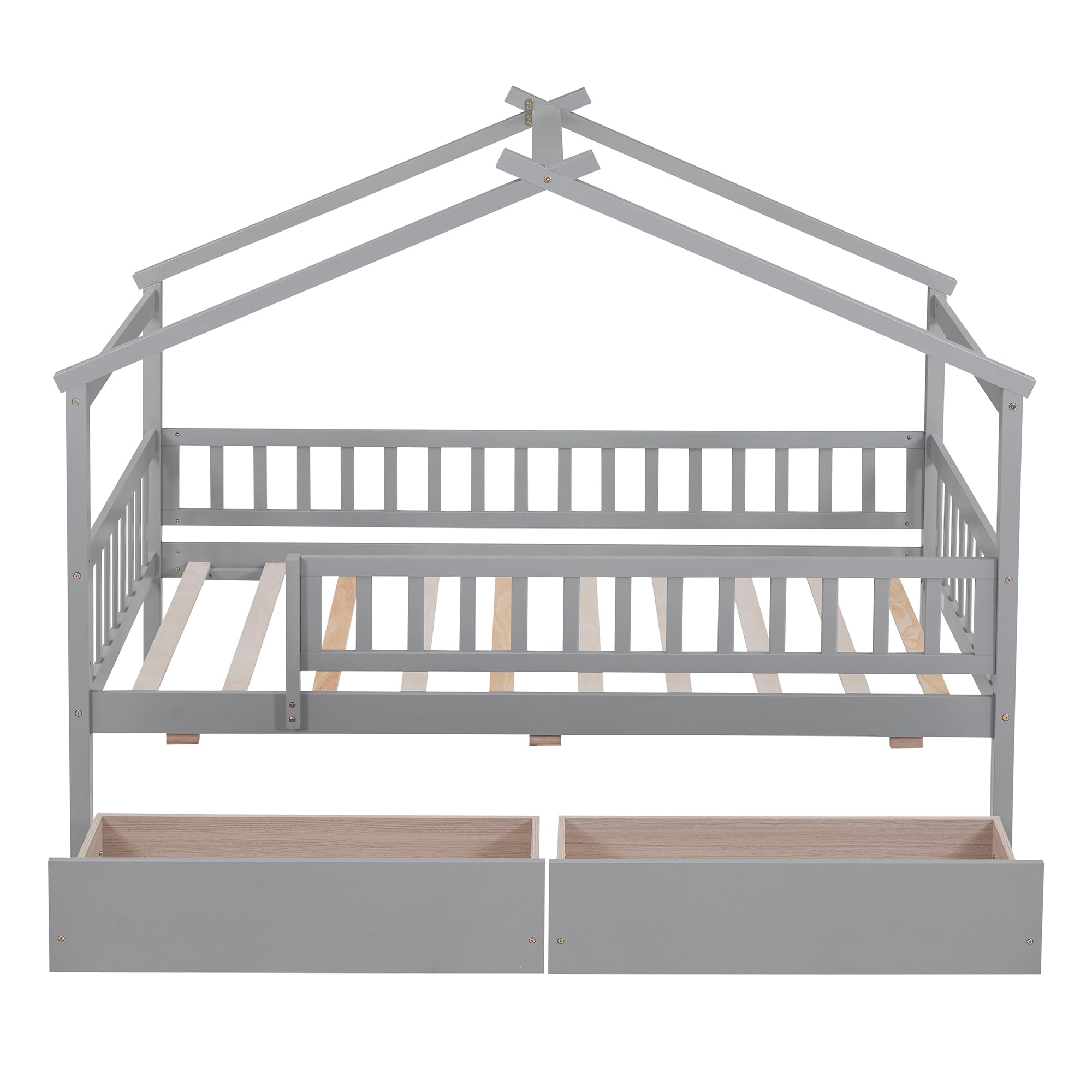 Merax Twin Size Wooden House Bed Frame with Roof & Safety Guardrail - 2 Storage Drawers for Kids, Teens, Boys & Girls - Gray - Perfect for Bedrooms, Playrooms & Kids' Room Decor