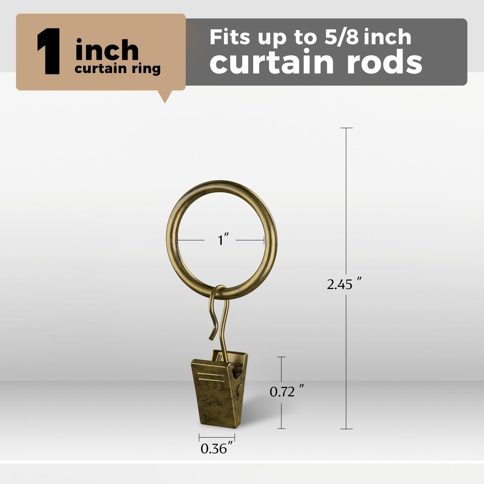 100 Pack Bronze Curtain Rings with Clips - 1 Inch Interior Diameter Drapery Hooks for 5/8 Inch Rods - Durable Metal Curtain Accessories for Living Room, Bedroom & Window Decor