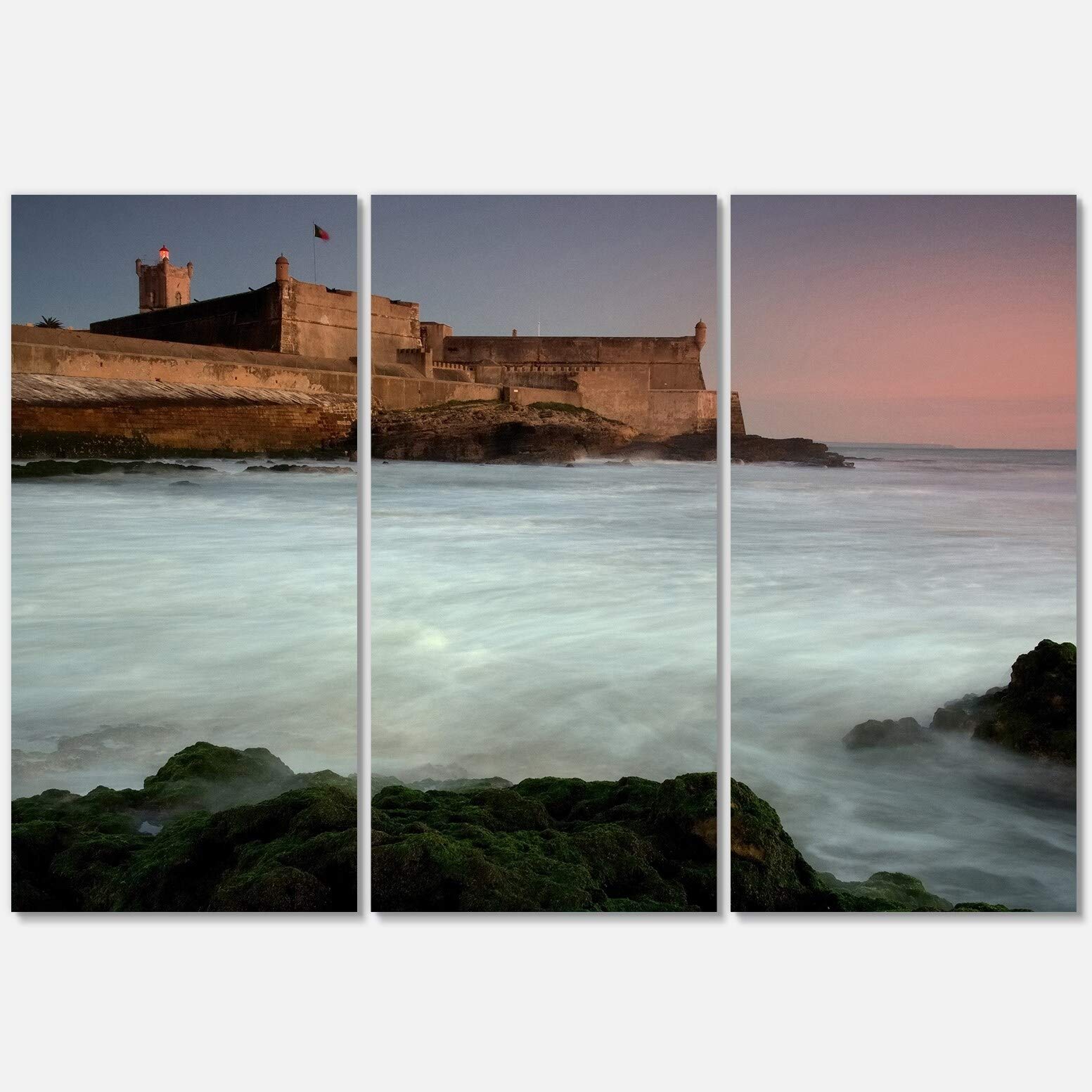 Designart MT10684-3P White Old Fort Lisbon Contemporary Seascape Metal Wall Art Set (3 Panels) - 28