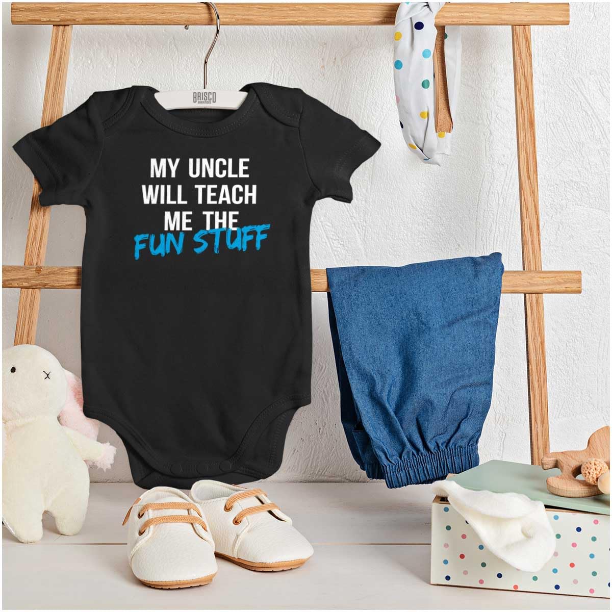 Brisco Brands My Uncle Will Teach Me The Fun Stuff Baby Romper - Cute Unisex Infant Bodysuit for Boys & Girls - Perfect for Playtime, Family Photos & Everyday Outfits