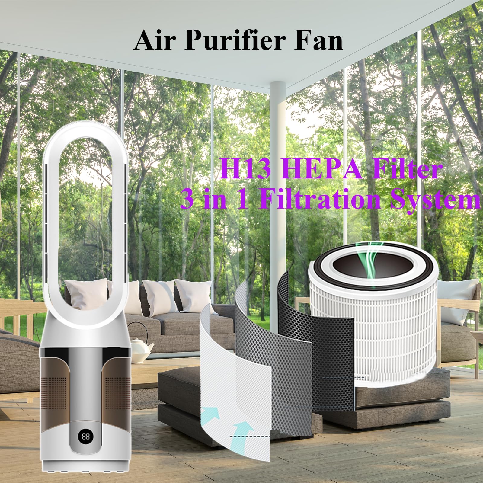 Bladeless Tower Fan with Heater and Air Purifier - 90° Oscillation, Remote & Touch Control, All-Season Use - Perfect for Office, Bedroom, Living Room (Silver/Gold) | Stay Cool in Summer & Warm in Winter with Quiet Air Circulation
