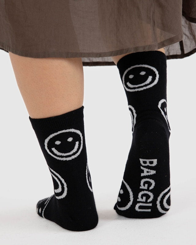 BAGGU Black Happy Crew Socks - Soft Cotton Comfortable Casual Socks for Men & Women - Perfect for Everyday Wear, Workout, and Gifts