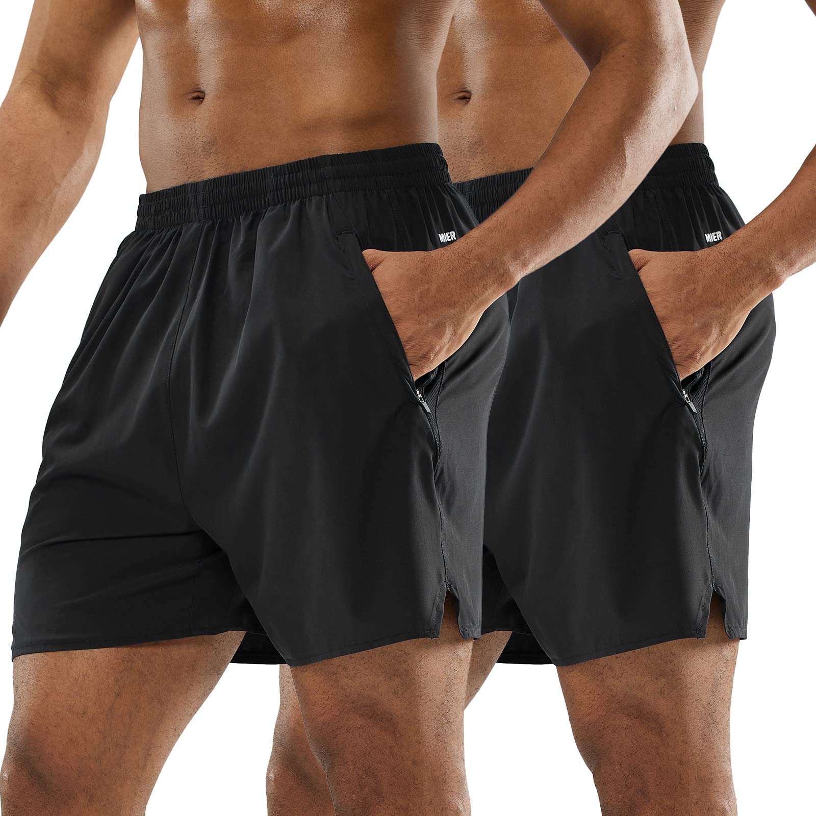 MIER Men's 5 Inch Athletic Shorts - Lightweight Running & Gym Workout Shorts with Zipper Pockets (2 Pack) - Perfect for Jogging, Training & Outdoor Activities