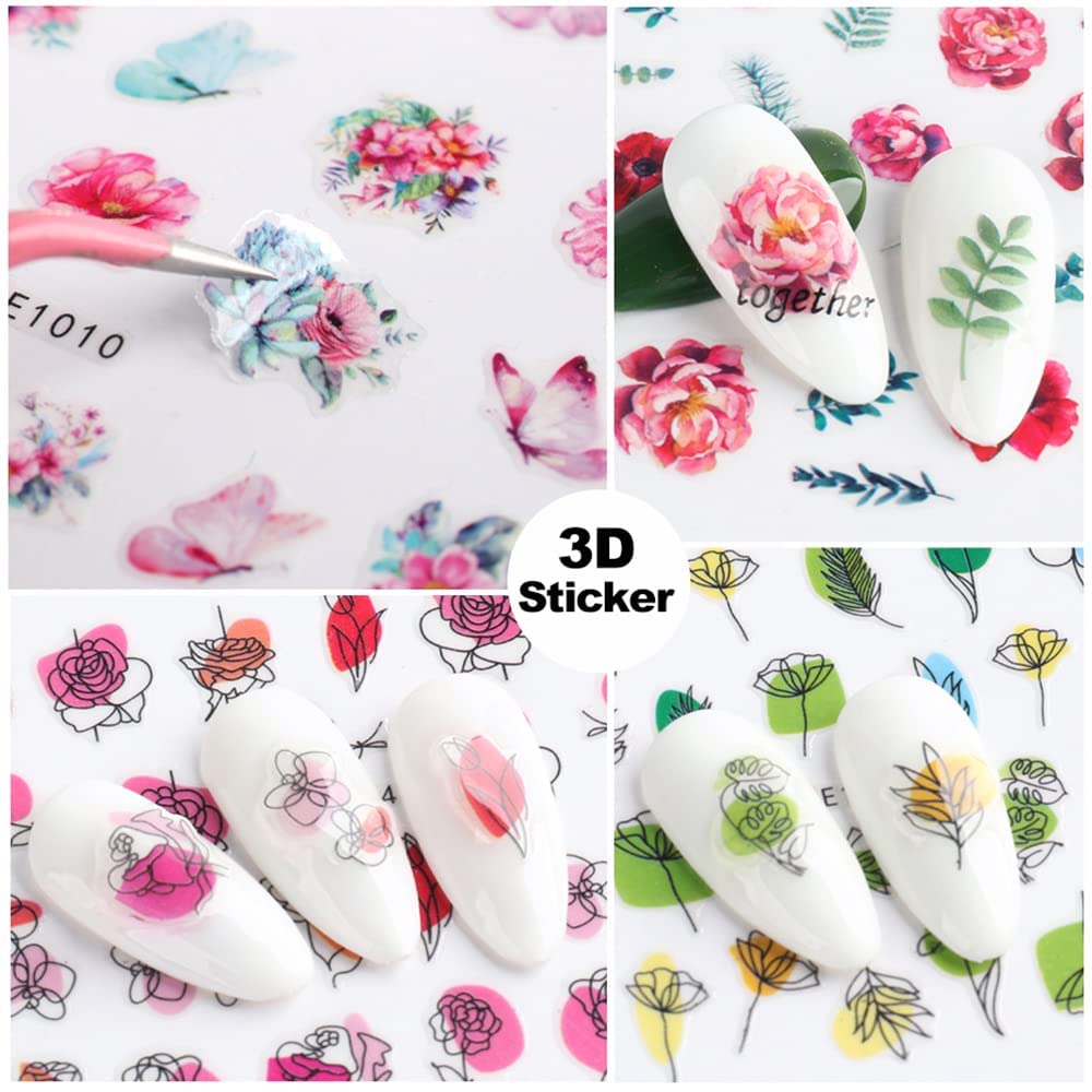 11 Sheets 3D Self-Adhesive Flower Nail Art Stickers - Spring Floral & Leaf Nail Decals for Women & Girls | Acrylic Nail Designs, Manicure Tips & Decorations (E1040-1050) | Perfect for Spring Nail Art, DIY Manicures & Professional Salon Use
