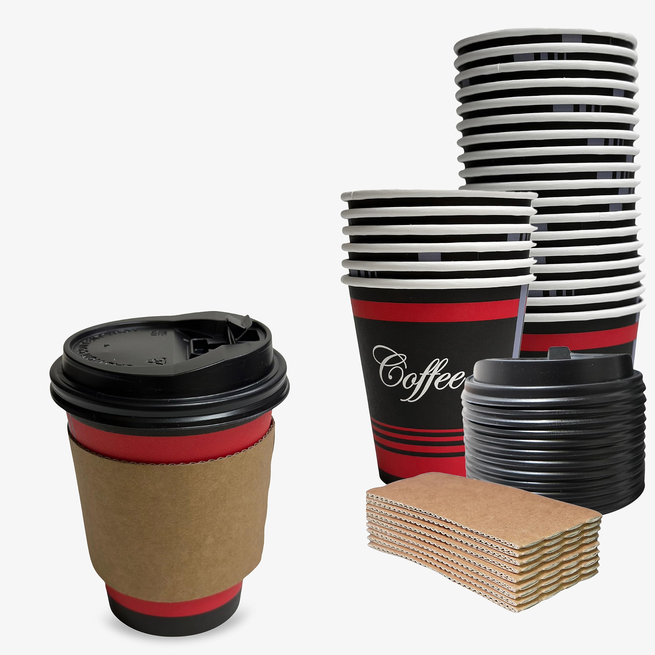 50-Pack 12oz Disposable Paper Coffee Cups with Black Lids, Sleeves & Stirrers - Eco-Friendly Hot/Cold Beverage Cups for Coffee, Tea, Hot Chocolate, Latte & Cappuccino - Perfect for Office, Travel, Parties & Cafes