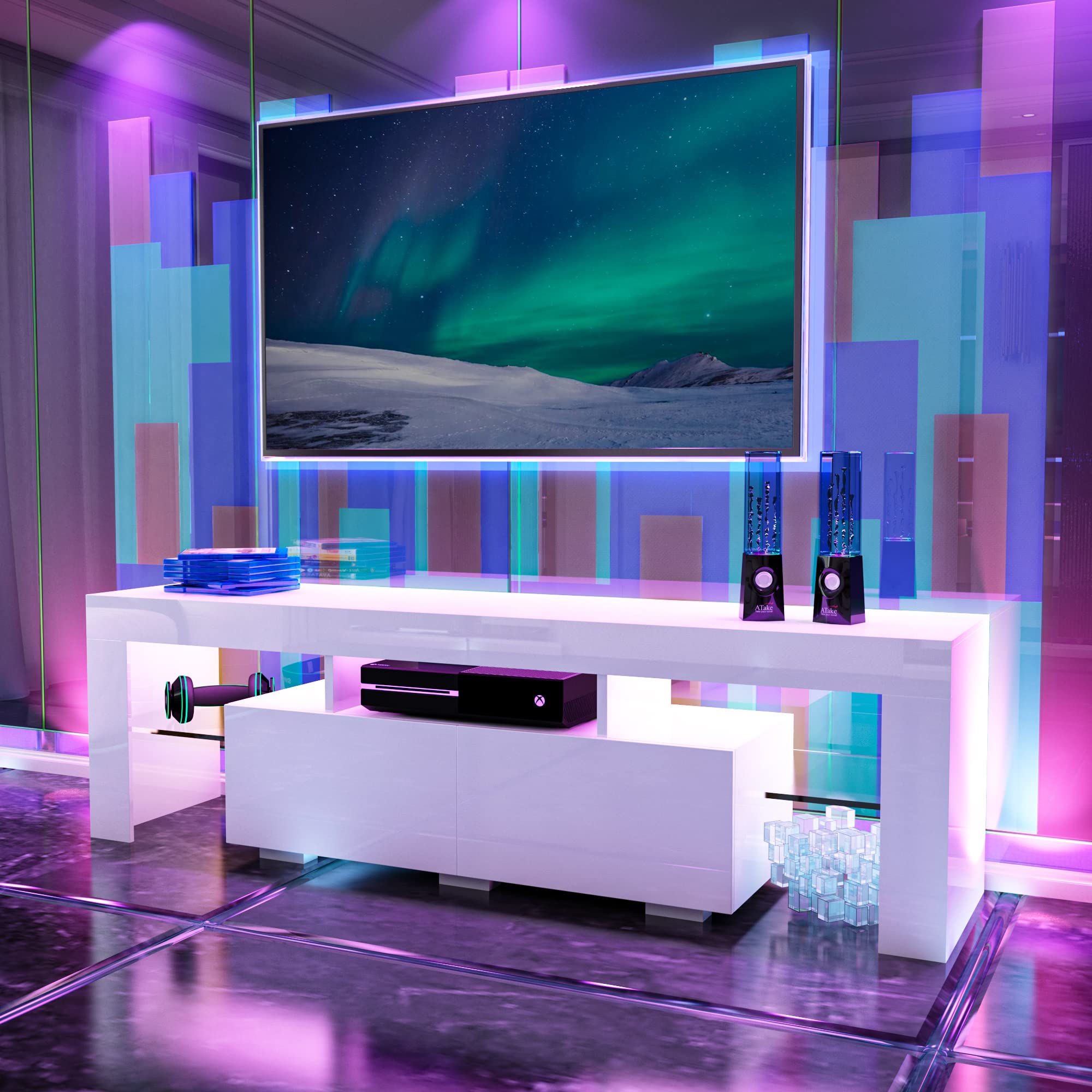 Modern White LED TV Stand for 70 Inch TVs - High Gloss Entertainment Center with 2 Storage Drawers - Large TV Cabinet for Living Room, Bedroom & Home Theater Setup