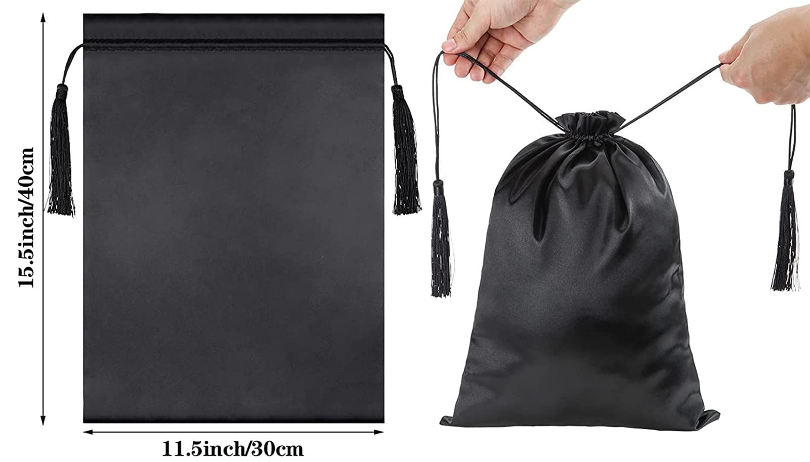 10 Pieces Black Satin Wig Bags with Drawstring Tassels - Silk Hair Storage Bags for Wigs, Hair Extensions & Bundles - Perfect for Travel, Packaging & Organizing Hair Accessories