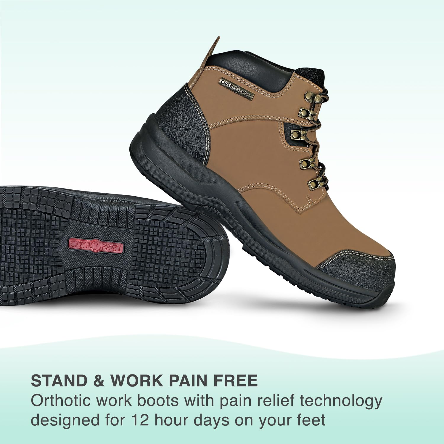 Orthofeet Men's Orthopedic Leather Work Boots - Waterproof, Slip-Resistant, Arch Support for Plantar Fasciitis & Foot Pain - Ideal for Construction, Hiking & Outdoor Work