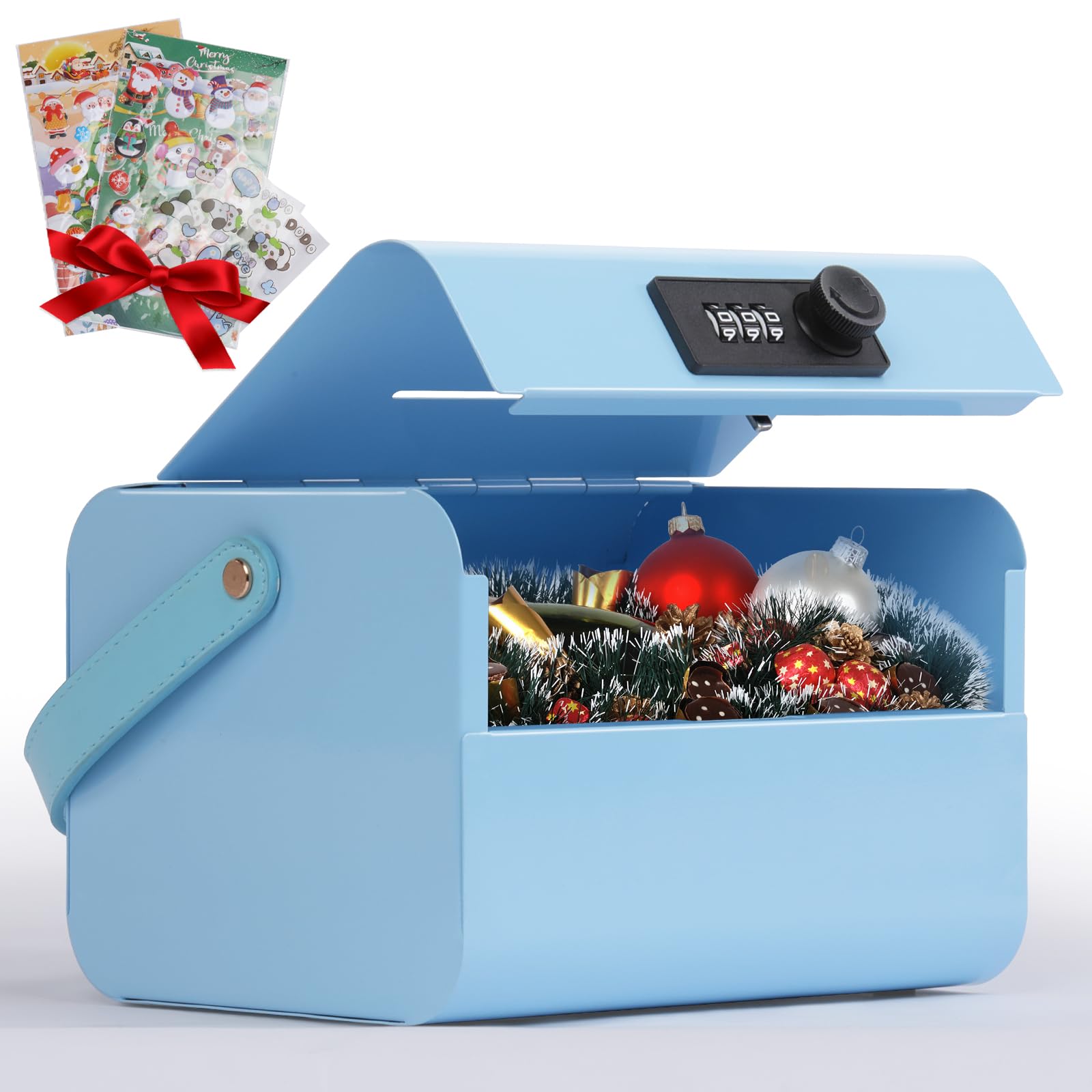 GOLDENKEY Kids Cash Box with Lock & Slot - Blue Metal Piggy Bank with Stickers for Boys & Girls - Portable Money Safe Box for Savings - Perfect Birthday Gift & Financial Learning Tool for Home, School & Playroom