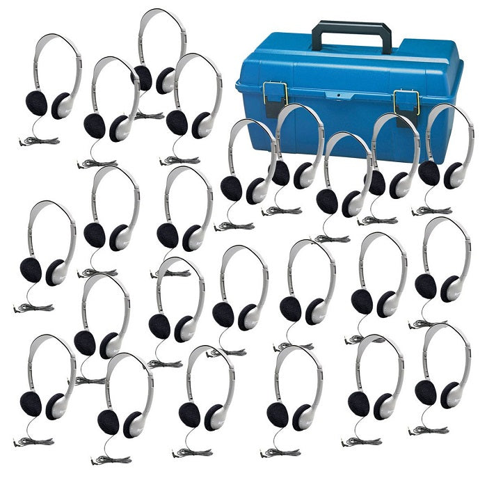 HamiltonBuhl 24 Pack SchoolMate Personal Sized Headphones with Carry Case (5 Colors) - Perfect for Classroom, Library, and Online Learning Use