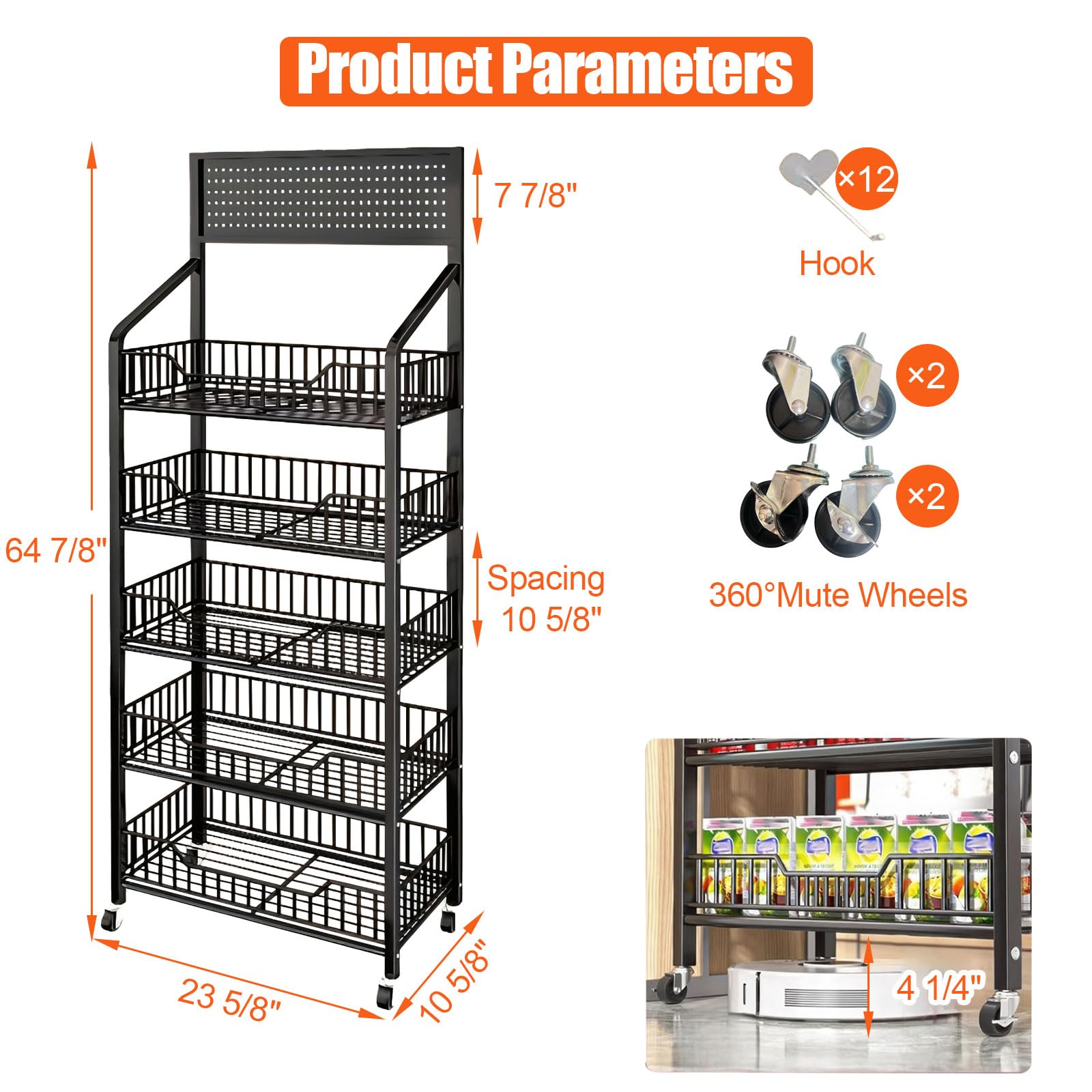 5 Tier Supermarket Snack Rack Display Stand - Free Standing Black Metal Retail Shelves with 12 Hooks & 4 Wheels - Large Commercial Snack Shelf for Convenience Stores, Grocery Shops & Supermarkets - Perfect for Organizing Chips, Candy, Drinks & Retail Merchandise Display
