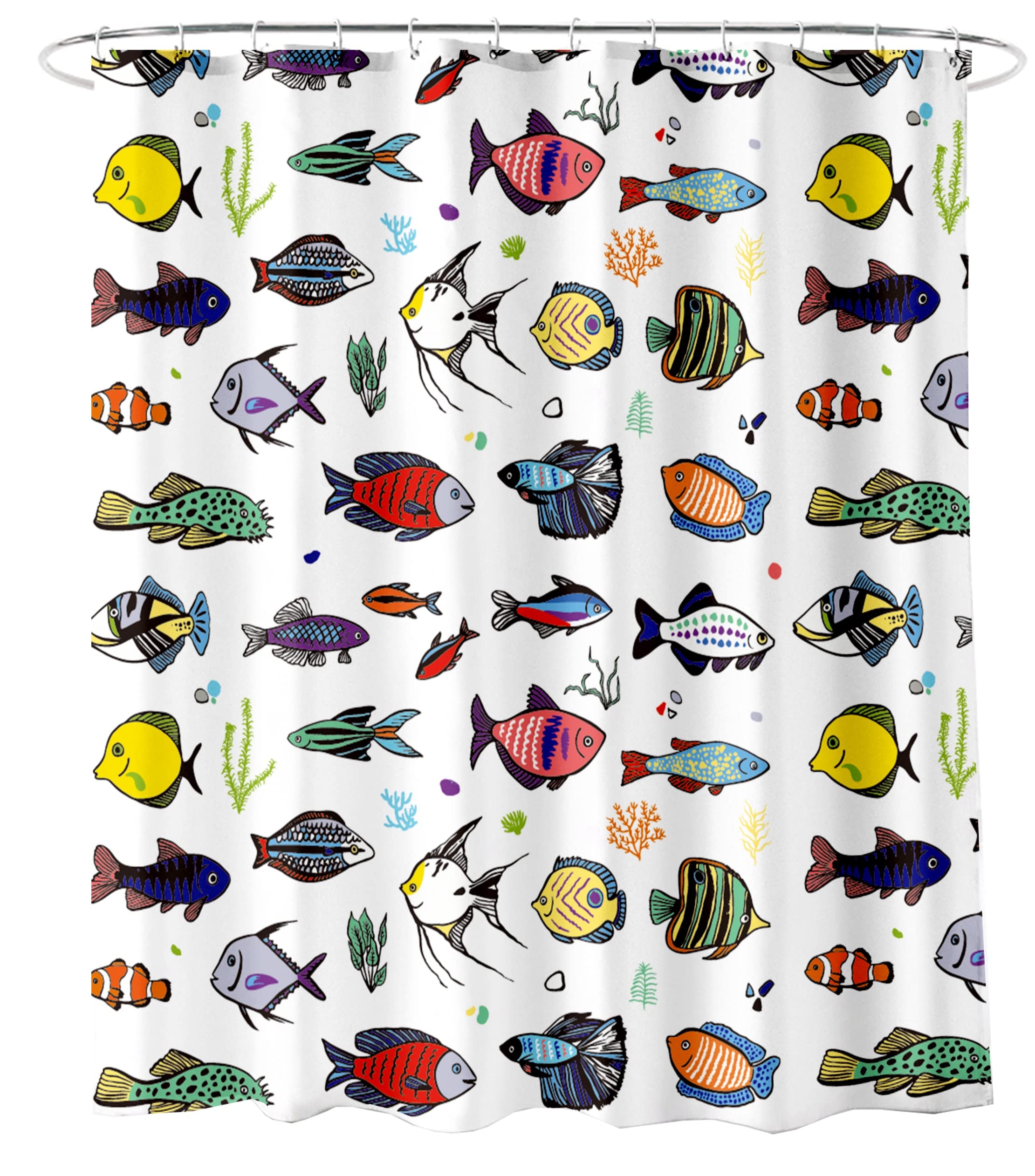 Abstract Fish Artistic Print Shower Curtain - 72x72 Inches White Polyester Fabric Bathroom Decor with Clear View | Perfect for Coastal, Nautical & Ocean-Themed Bathrooms