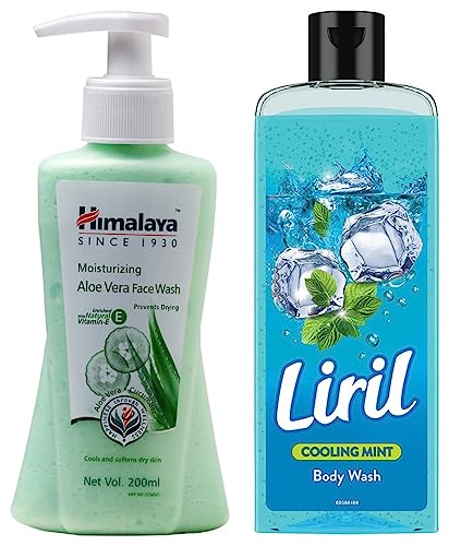 Cooling Mint Body Wash by Liril (250ml) & Hydrating Aloe Vera Face Wash by Himalaya (200ml) - Refreshing Shower Gel & Moisturizing Facial Cleanser for Daily Skincare Routine