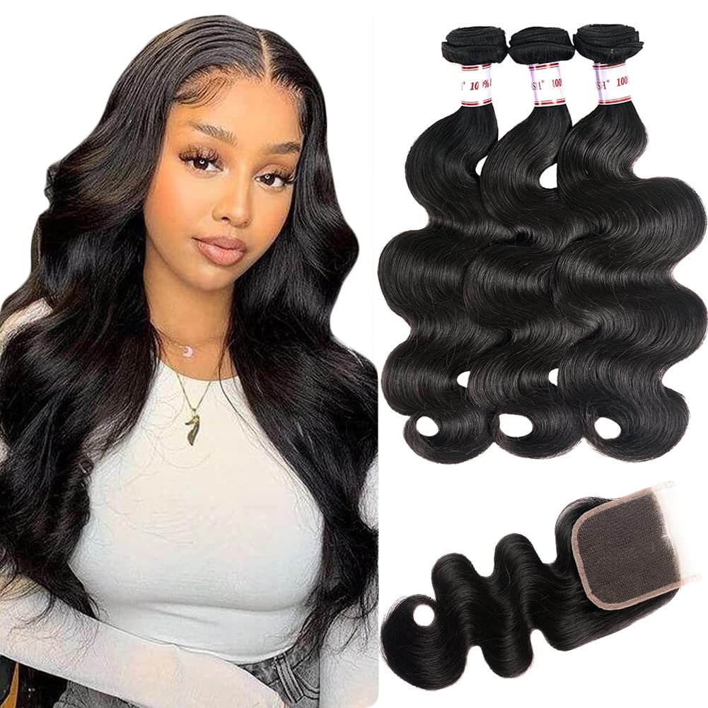 Brazilian Body Wave Virgin Hair 3 Bundles with 4x4 Lace Closure - 100% Unprocessed Human Hair (20 22 24+18 Inches) - Natural Black Color for Sew-in Weave & Protective Hairstyles