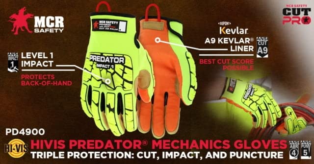MCR Safety PD4900XL Predator Mechanic Gloves - High Visibility Cut Resistant Work Gloves (X-Large, 1 Pair) for Automotive Repair, Construction & Industrial Safety