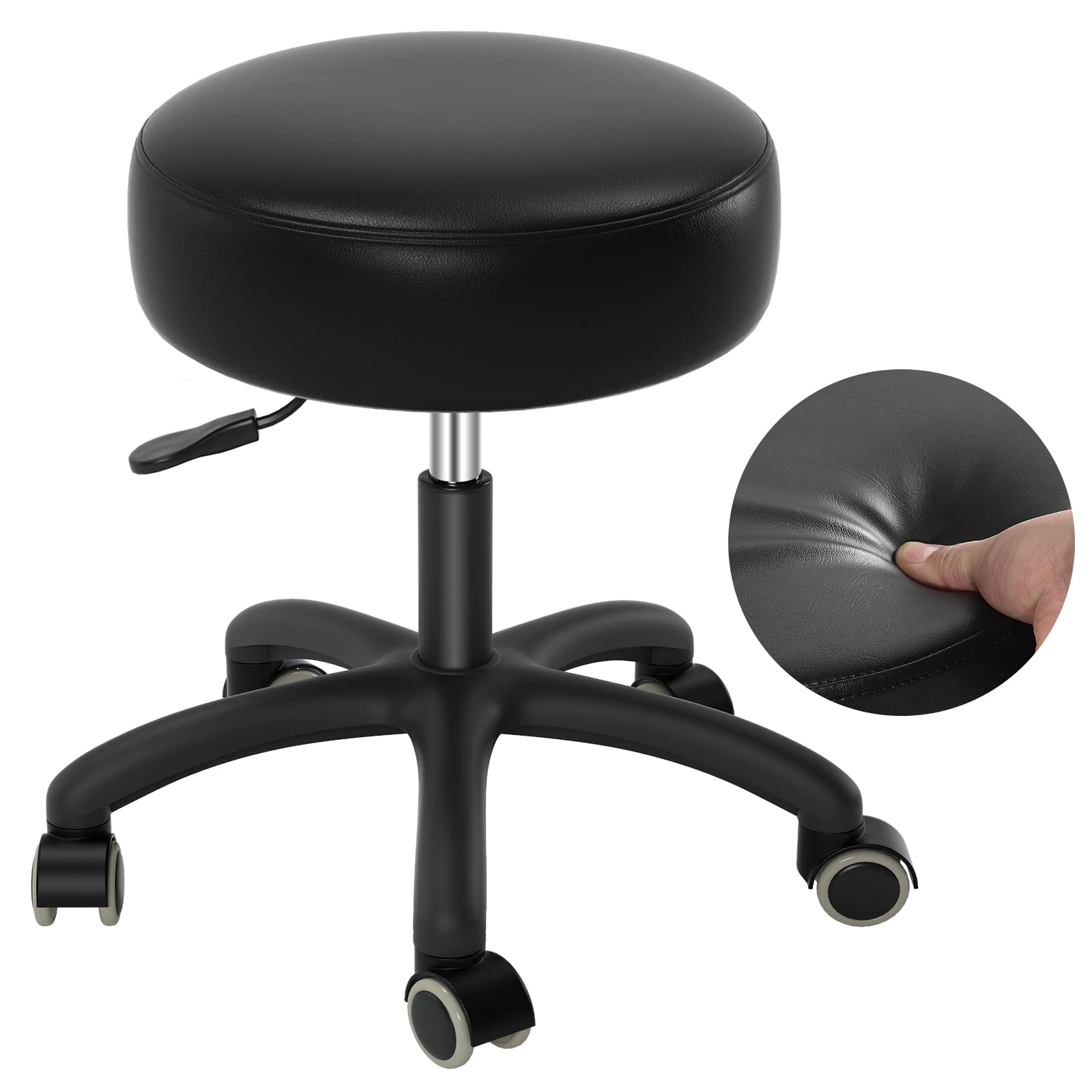 Professional Salon Rolling Stool with Wheels - Heavy Duty Adjustable Lash Chair for Tattoo, Massage, Nail Salon & Spa - 360° Swivel Leather Stool with Thick Padding - Black - Perfect for Beauty Professionals, Artists & Classroom Teaching
