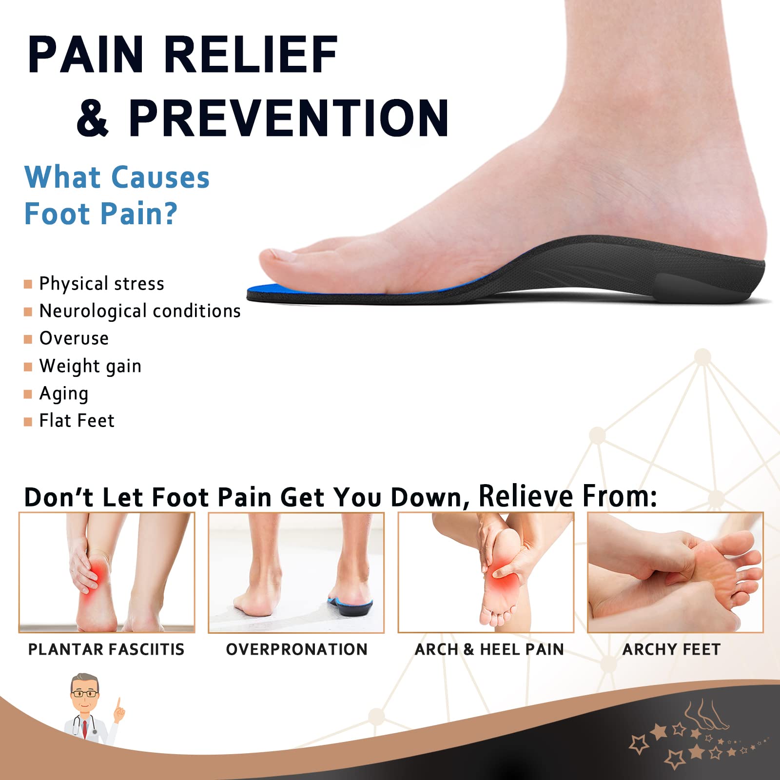 Orthotic Insoles for Flat Feet & Plantar Fasciitis Relief - Arch Support Inserts for Overpronation & Foot Pain - Shock Absorbing Shoe Insoles for Men & Women - Perfect for Running, Walking & Standing All Day