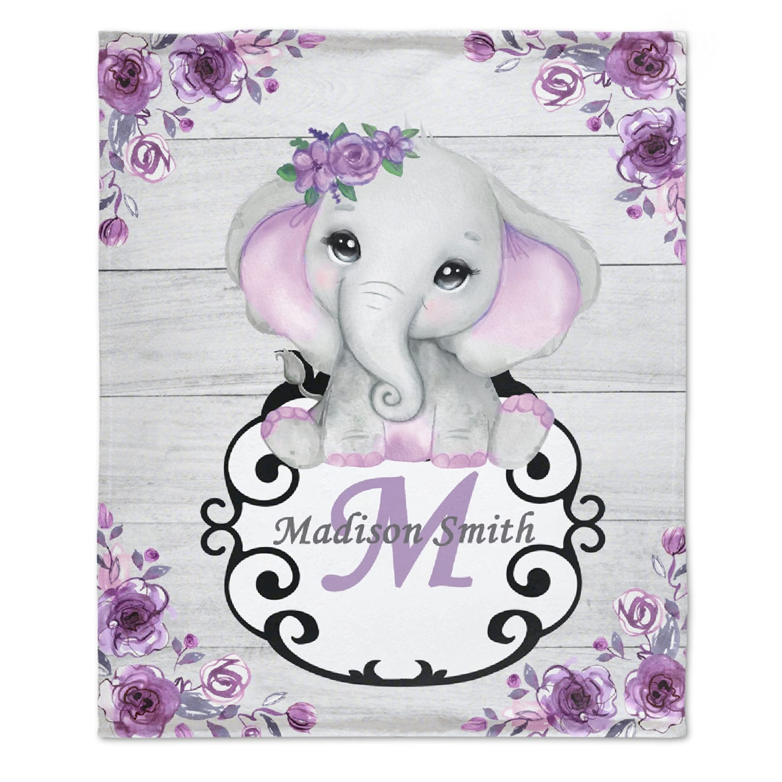 Personalized Custom Baby Blanket with Name - Purple Floral Elephant Fleece Blanket for Girls & Boys | Soft 120