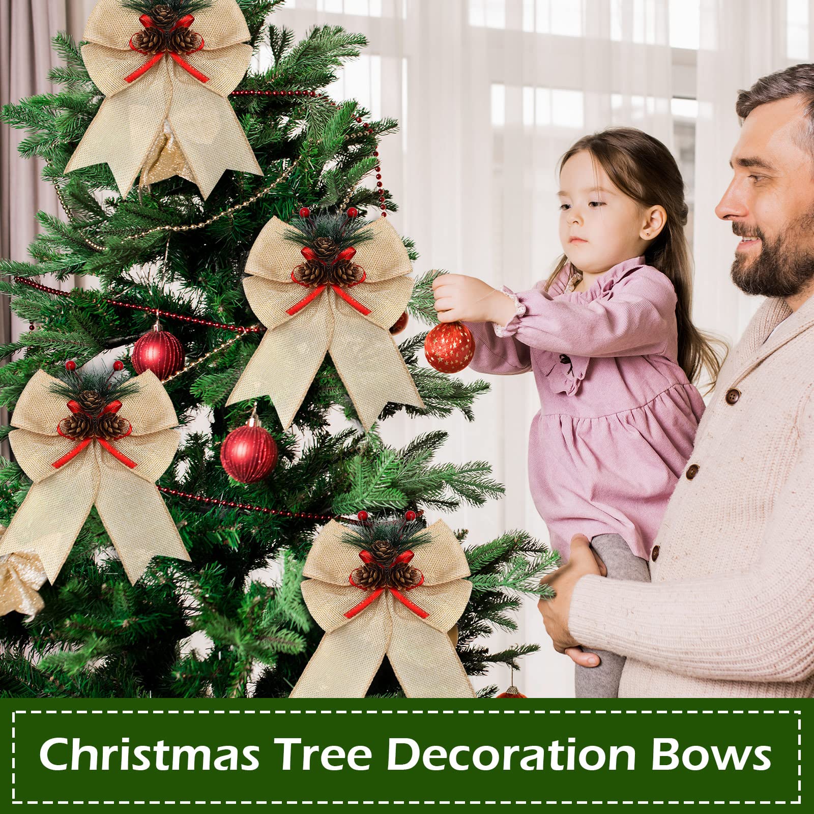 4-Piece Buffalo Plaid Christmas Bows with Pine Cones - Rustic Wreath Ribbon & Tree Decorations for Indoor/Outdoor Holiday Crafts (Beige) | Perfect for Xmas Tree Toppers, Gift Wrapping, Mantel Decor & Festive DIY Projects