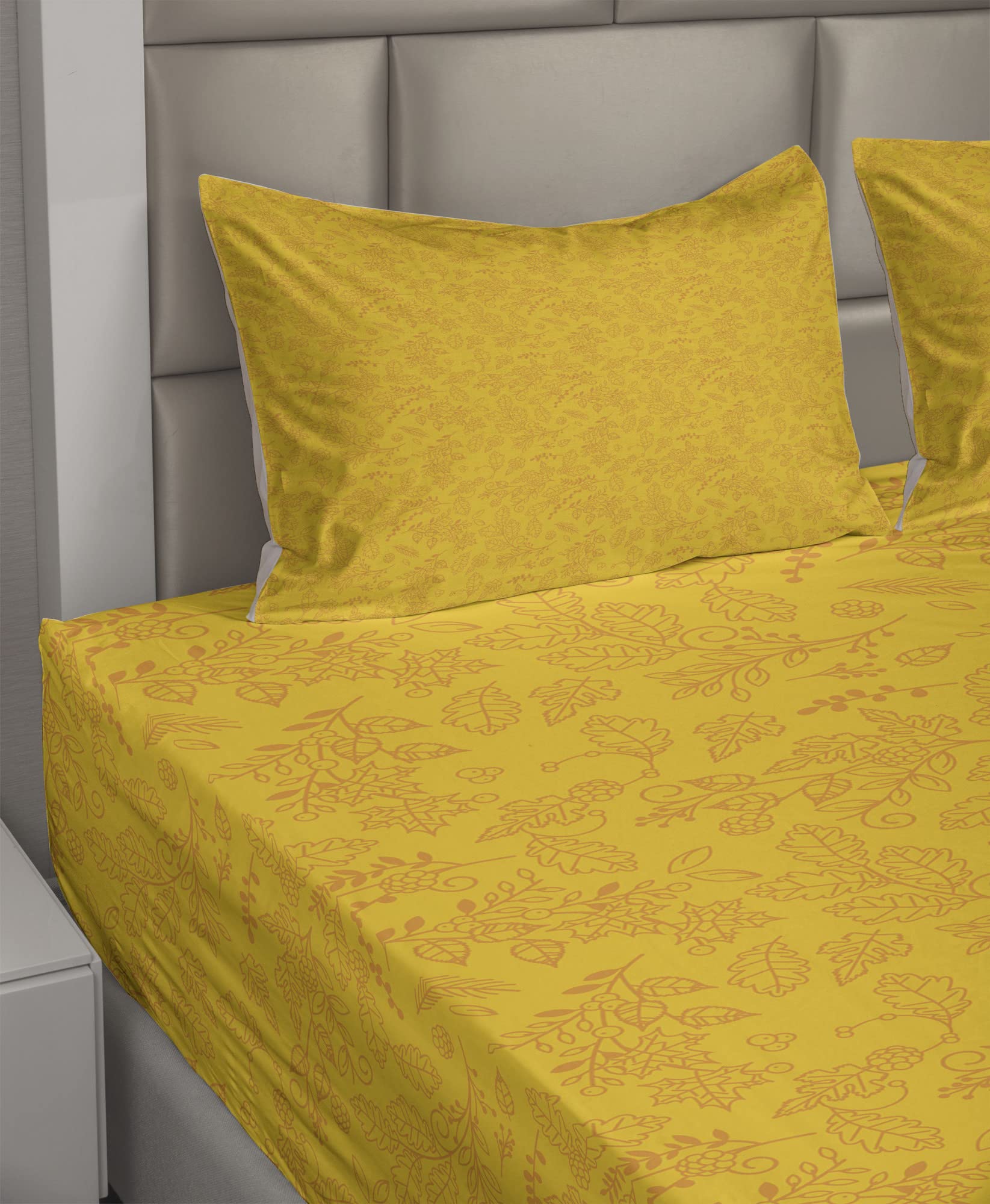 Ambesonne Floral King Sheet Set - 4 Piece Autumn Bay Leaf & Blueberry Pattern Bedding with Fitted Sheet, Flat Sheet & Pillowcases | Marigold Fall Decor for Cozy Seasonal Bedroom Styling