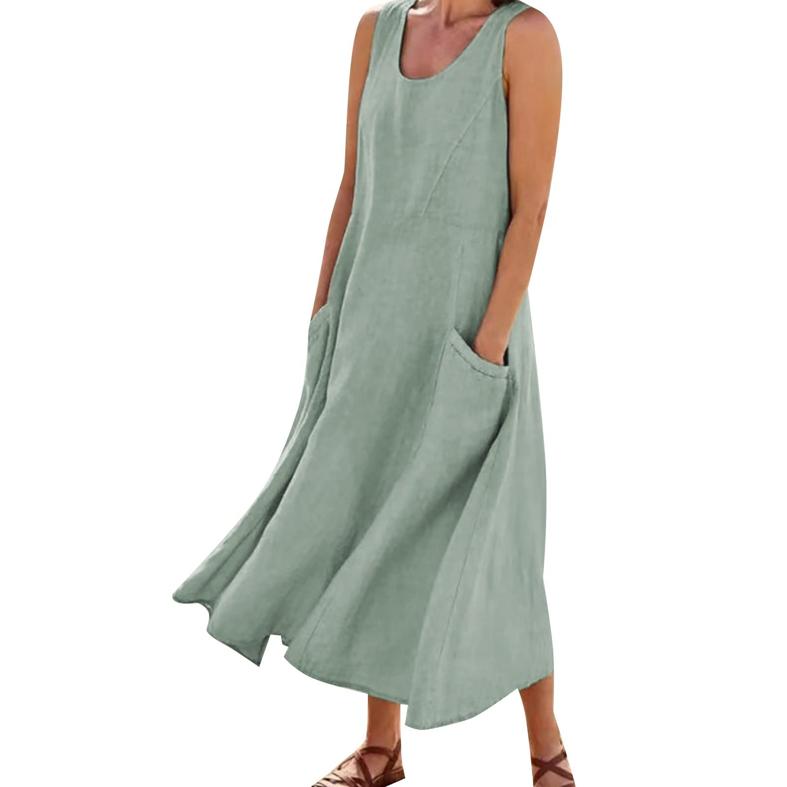 2024 Women's Summer Linen Dresses - Sleeveless Casual Sundress with Pockets | Flowy Midi & Maxi Dress in Solid Colors | Comfortable Loose Fit for Beach, Vacation & Daily Wear | Mint Green A0a