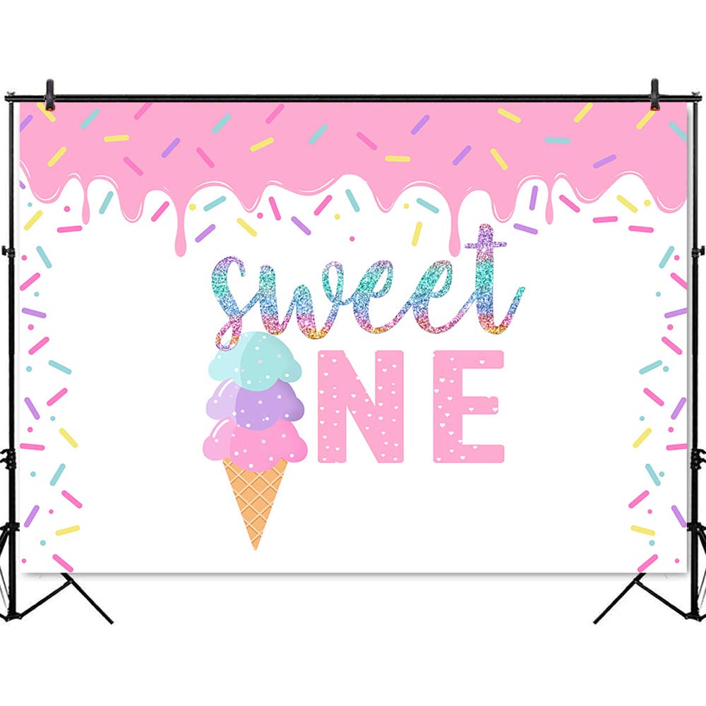**Sweet Ice Cream Backdrop - 7x5ft Summer Birthday Party Decor for Girls, 1st Birthday Cake Table & Photo Booth Props - Mocsicka Sweet One Theme**    *(Perfect for 1st birthday parties, summer celebrations, baby showers, dessert tables, and photo booth backdrops!)*