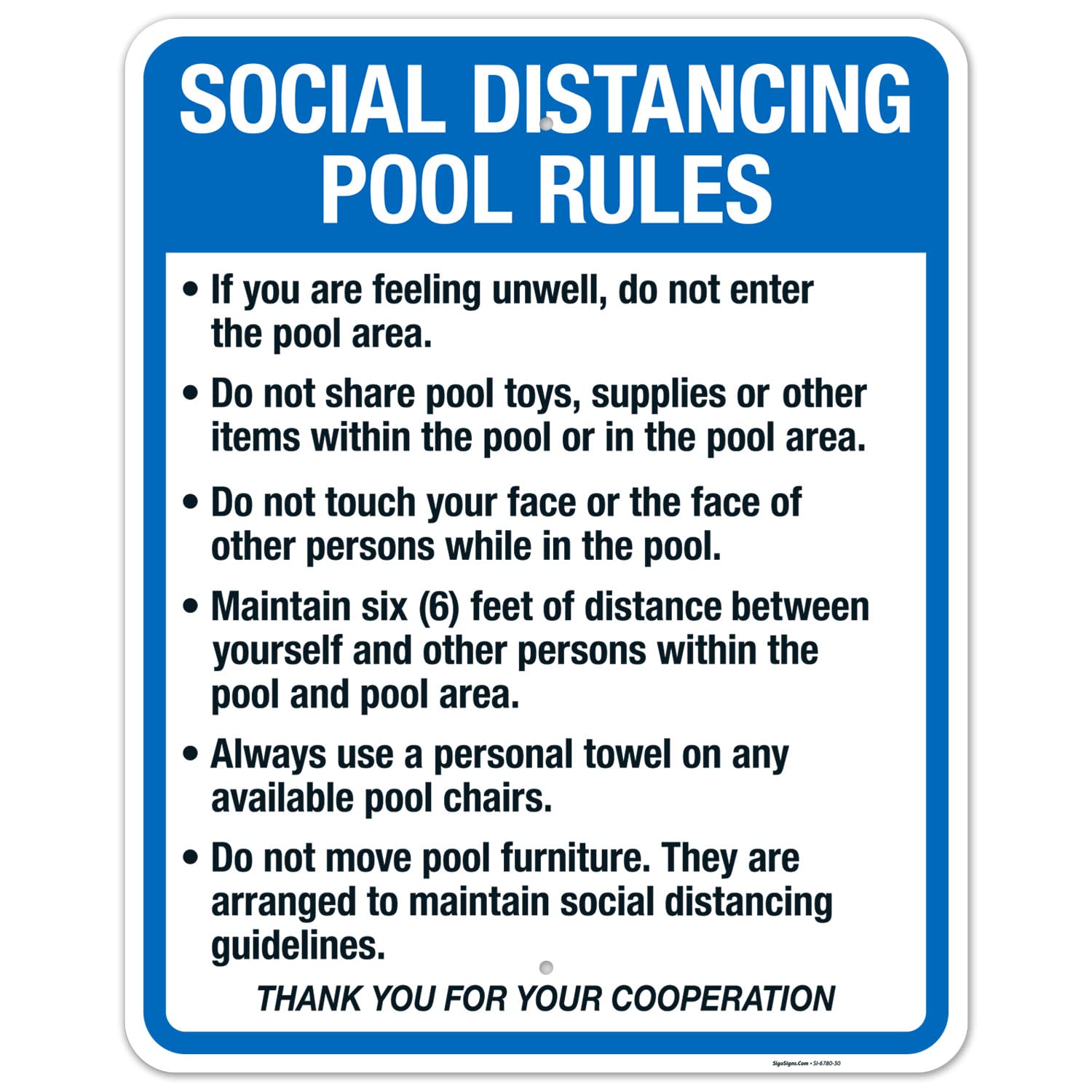 Social Distancing Pool Rules Sign - 24x30 Inch Rustproof Aluminum Sign for Swimming Pools | Fade-Resistant Indoor/Outdoor Use | Made in USA by Sigo Signs | Perfect for Community Pools, Backyard Pools & Public Swimming Areas