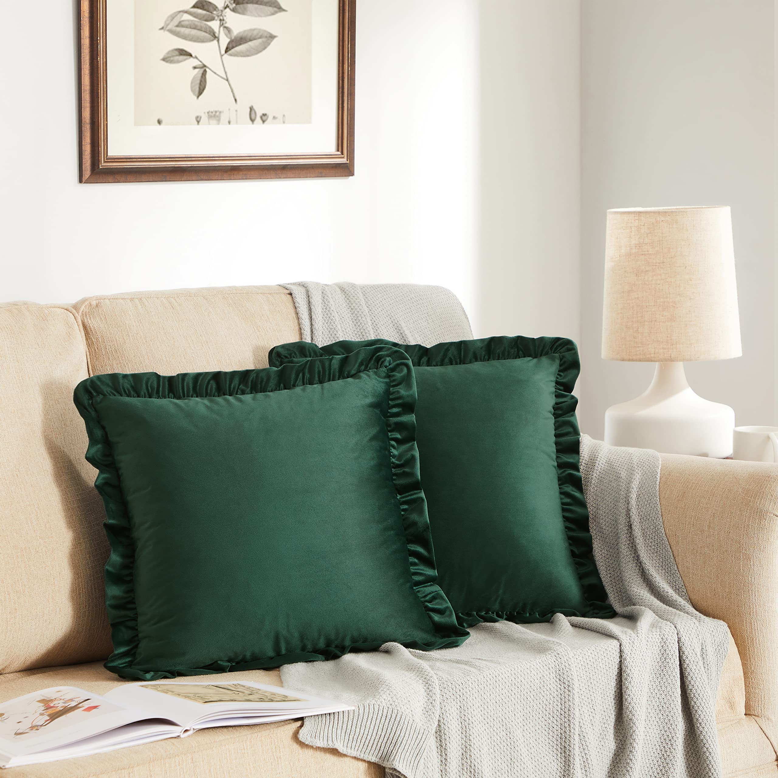 GIGIZAZA 16x16 Inch Army Green Velvet Ruffle Throw Pillow Covers Set of 2 - Decorative Cushion Covers for Sofa, Couch, Bedroom & Living Room Home Decor
