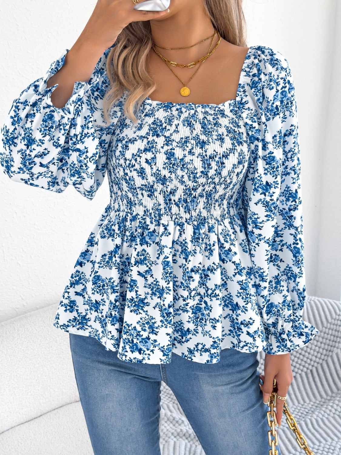 Floral Square Neck Flounce Sleeve Blouse for Women | Elegant Spring Summer Tops | Perfect for Office, Date Night & Special Occasions