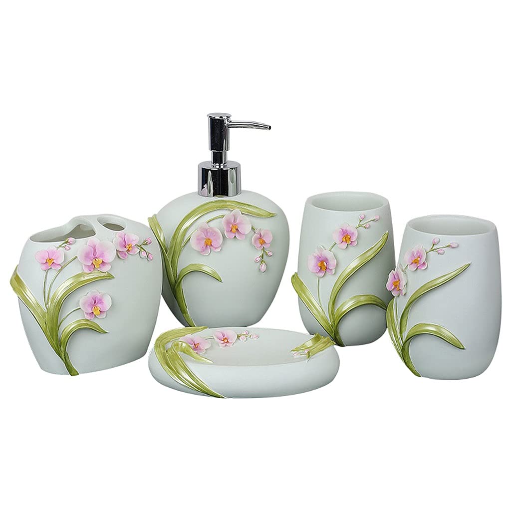 5-Piece Resin Hand Sanitizer Dispenser Set - Elegant Orchid Bathroom Accessories with Soap Dispenser, Toothbrush Holder, Soap Dish & Tumblers - Perfect for Home, Hotel, Wedding Decor & Gift Giving