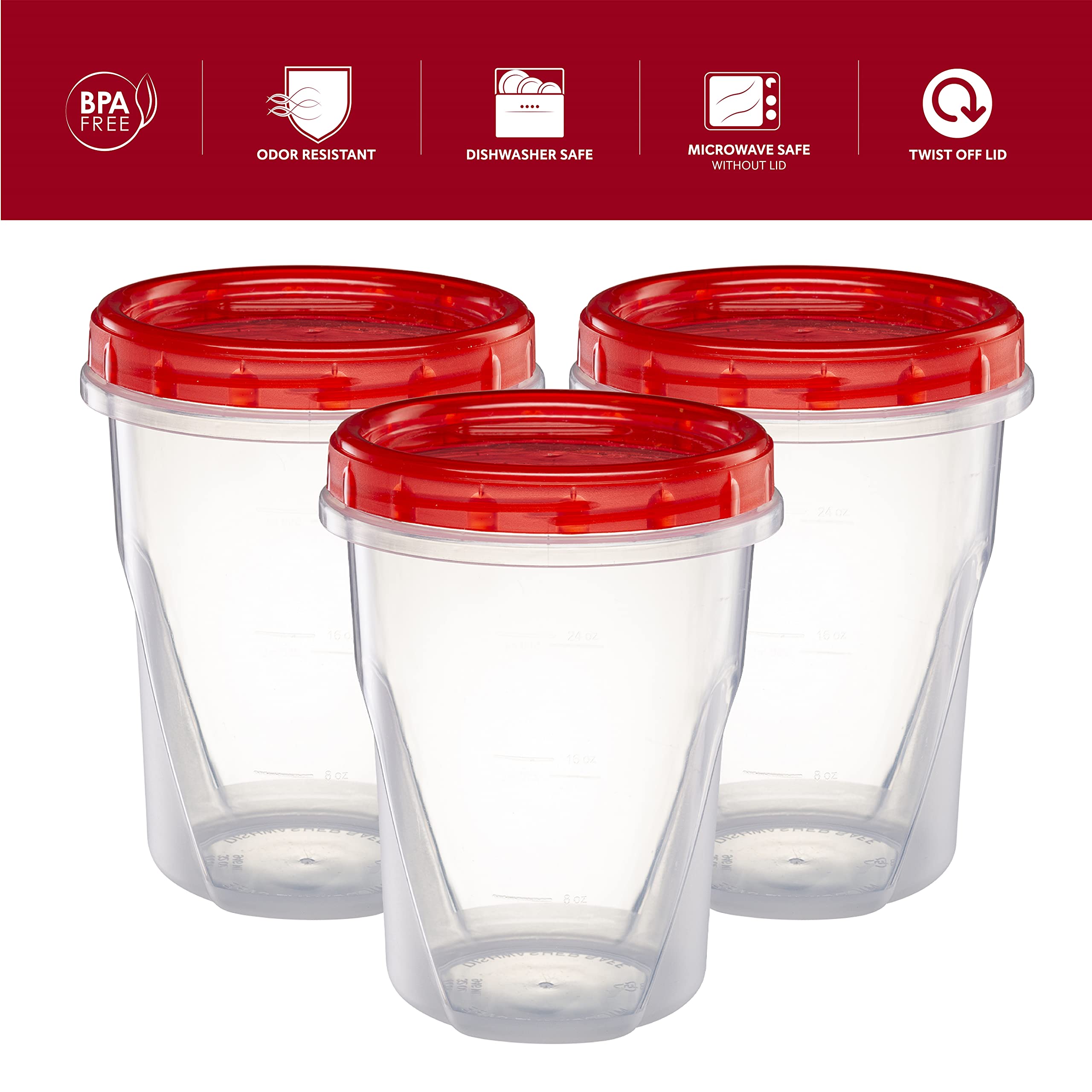 32oz (10 Pack) Clear Plastic Food Storage Containers with Red Twist-On Lids - Airtight Freezer Safe Containers for Meal Prep, Leftovers & Bulk Food Storage
