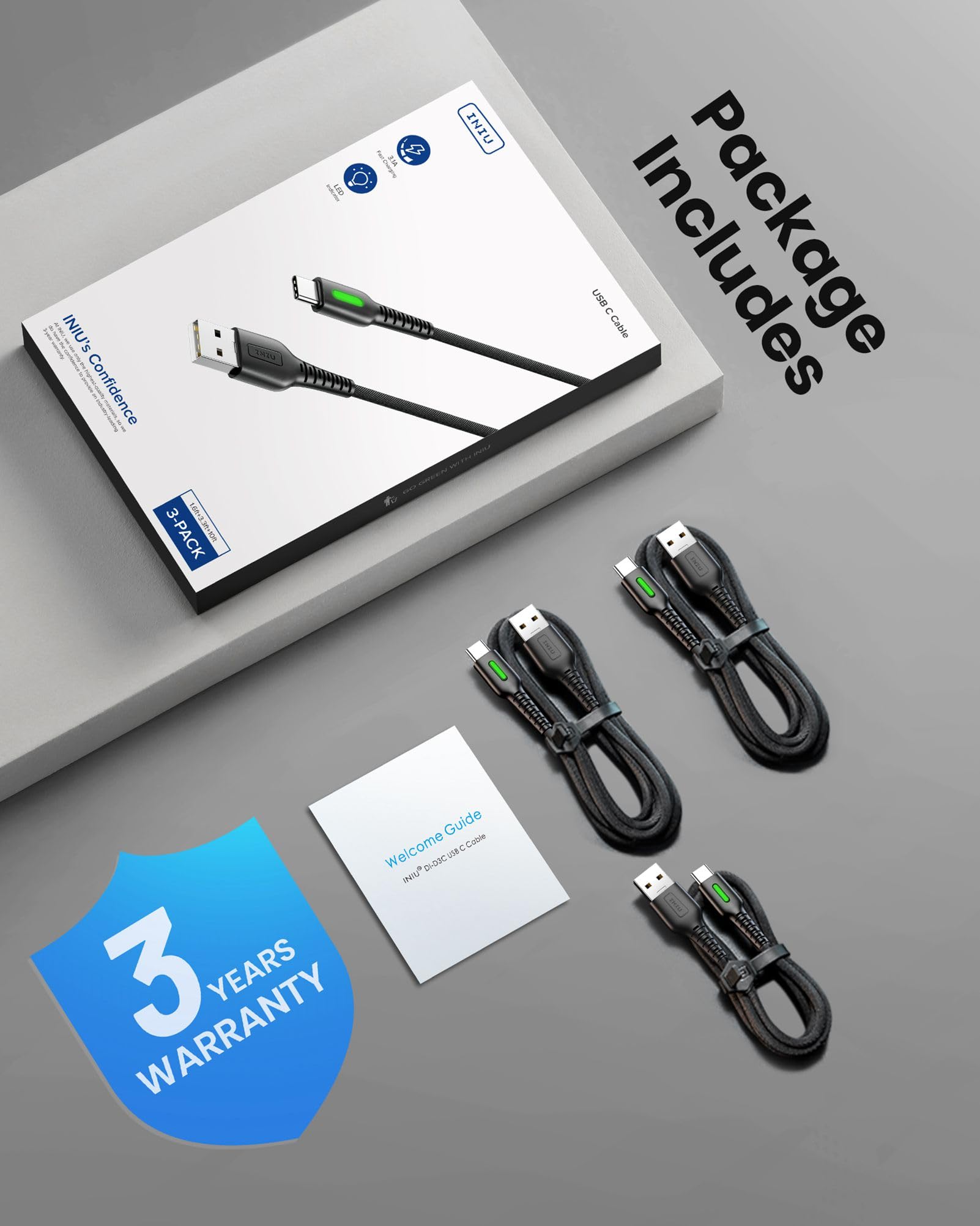 INIU USB C Charger Cable [3 Pack, 2+2+0.5m] Fast Charging USB A to USB C Cable 3.1A - Durable Braided Type C Charger for iPhone 15, Samsung S23/S22, Nintendo Switch, PS5, Huawei, Google Pixel 7 Pro - Perfect for Home, Office & Travel Charging