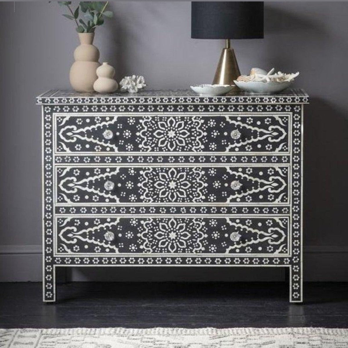 Handmade Black Bone Inlay Dresser with 3 Drawers - Vintage Boho Bedroom Furniture for Home Decor & Storage